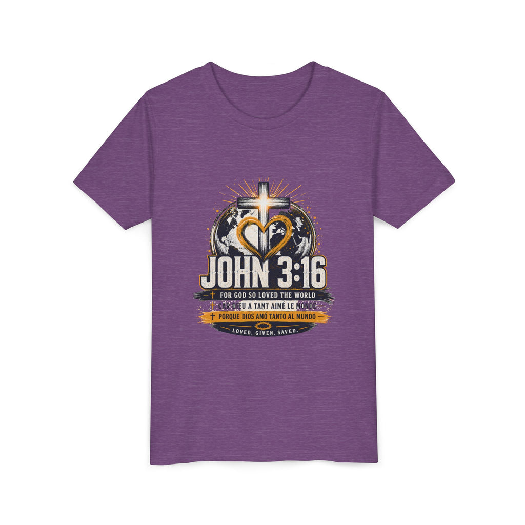 T-shirt pour jeune Jean 3:16 — T-shirt d'inspiration chrétienne pour enfants avec motif croix et globe