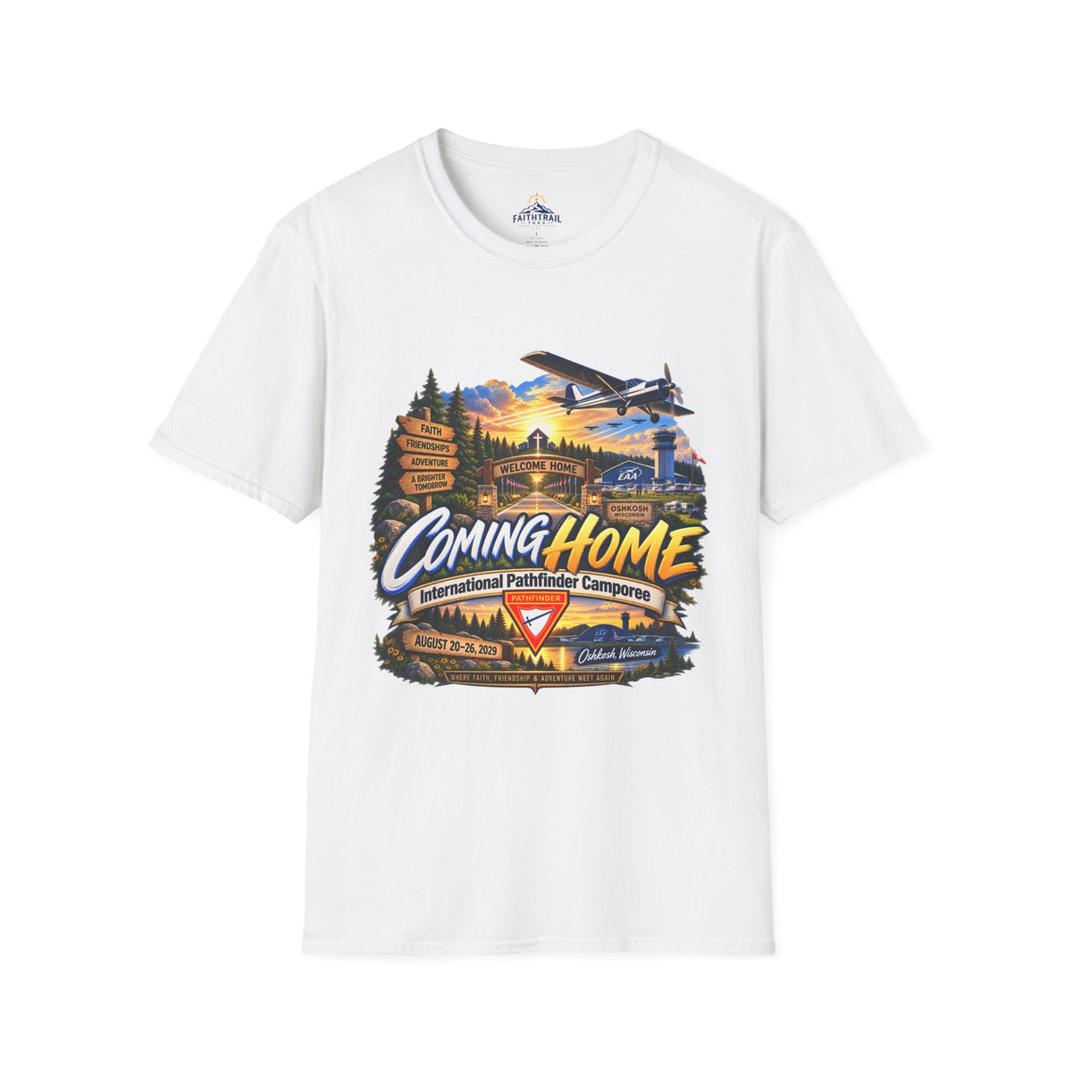International Pathfinder Camporee 2029 (Stand Strong)- Coming Home T-Shirt — Vintage Airplane Sunset Travel Tee