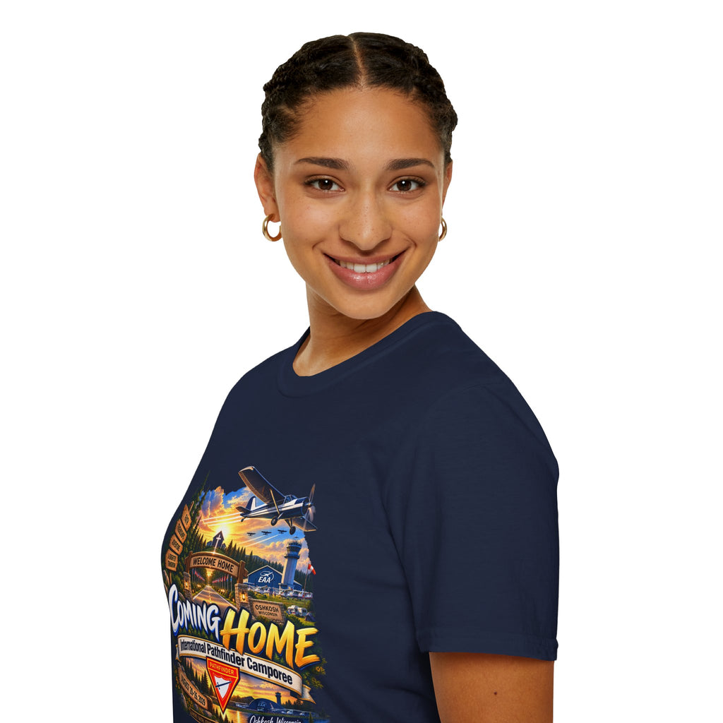International Pathfinder Camporee 2029 (Stand Strong)- Coming Home T-Shirt — Vintage Airplane Sunset Travel Tee
