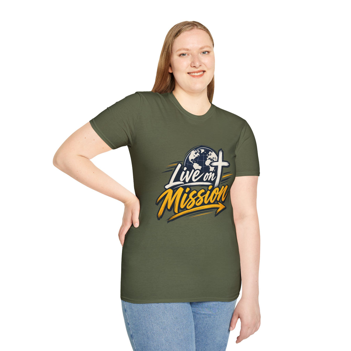 Live on Mission T-Shirt — Inspirational Christian Faith Tee with Globe & Cross Design