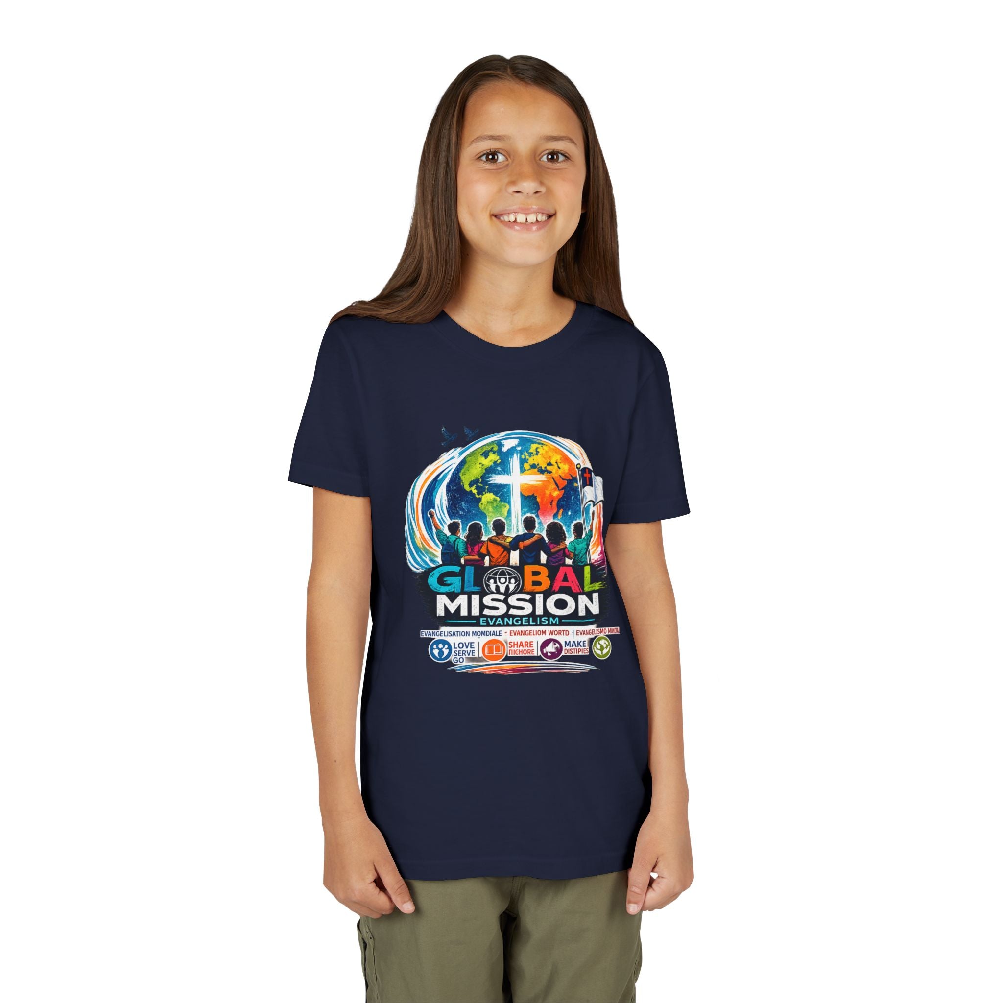 Youth Tee — Global Mission Kids Christian T‑Shirt with Cross & World Design