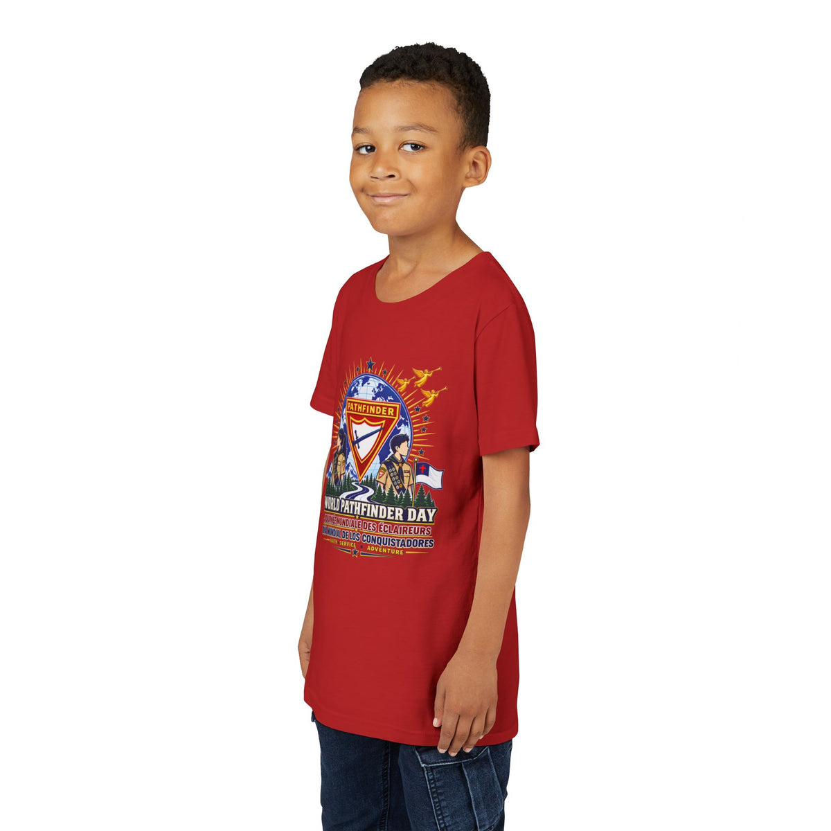 Youth Tee — World Pathfinder Day Badge Graphic (Trilingual)