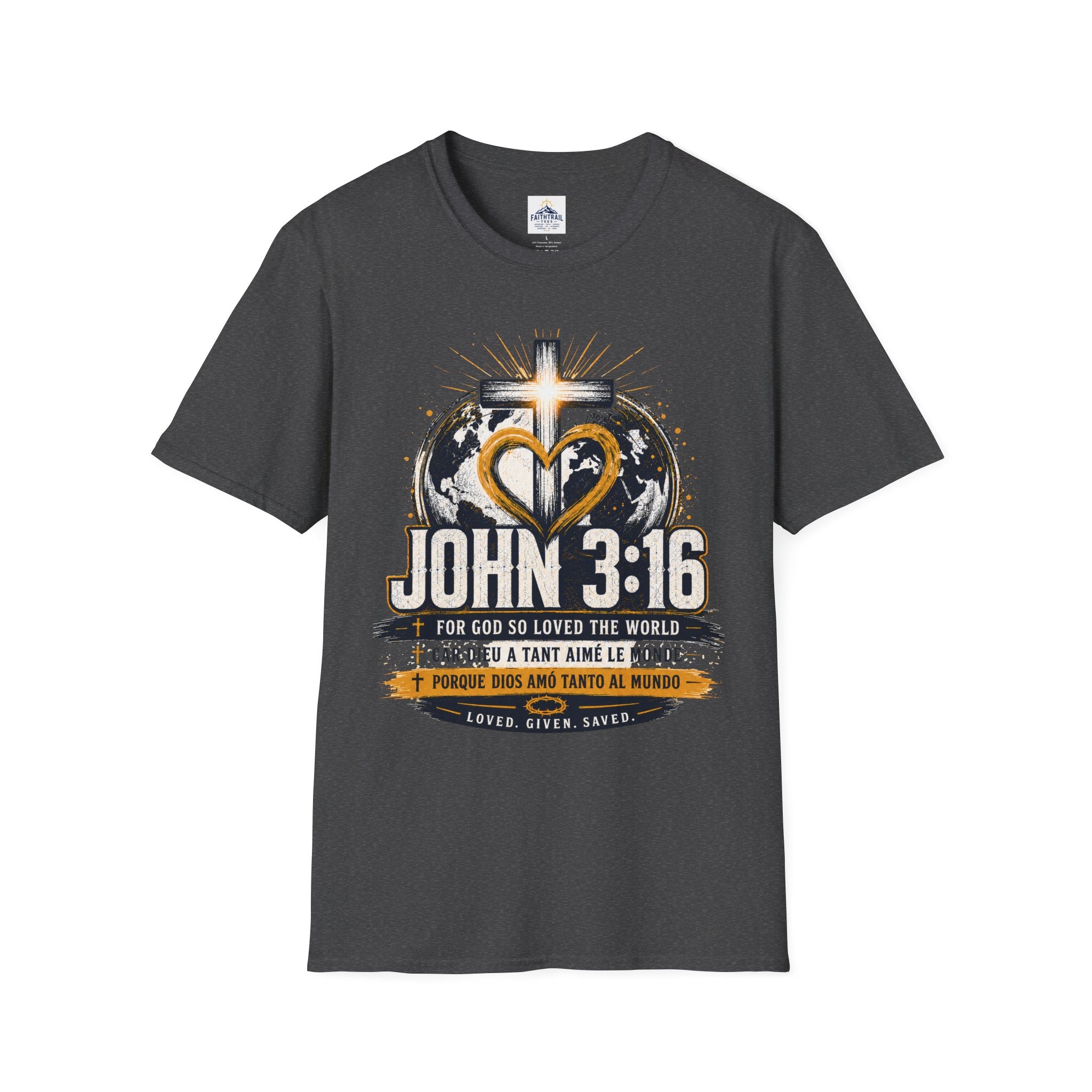 John 3:16 Christian Adult Unisex T-Shirt — Cross & Heart World Faith Tee