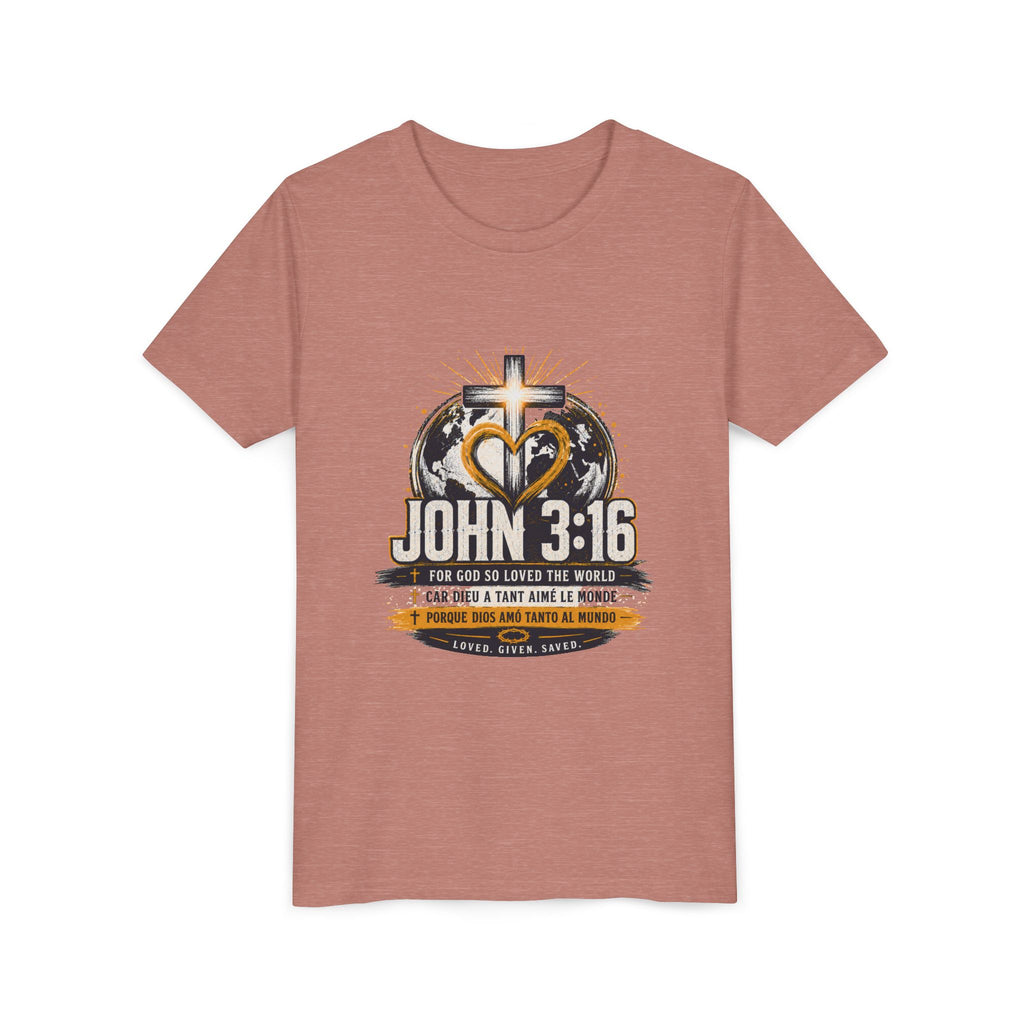 John 3:16 Youth Tee — Christian Inspirational Kids Shirt with Cross & Globe Design