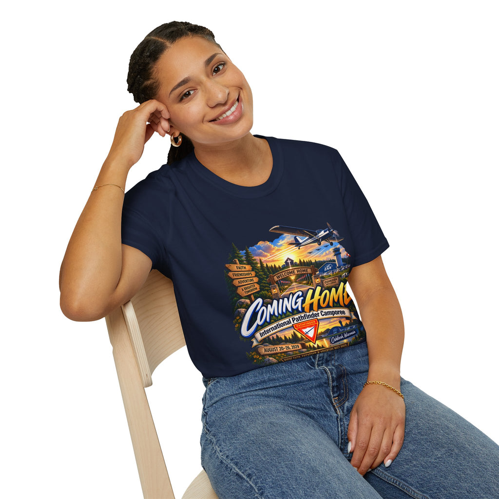 International Pathfinder Camporee 2029 (Stand Strong)- Coming Home T-Shirt — Vintage Airplane Sunset Travel Tee