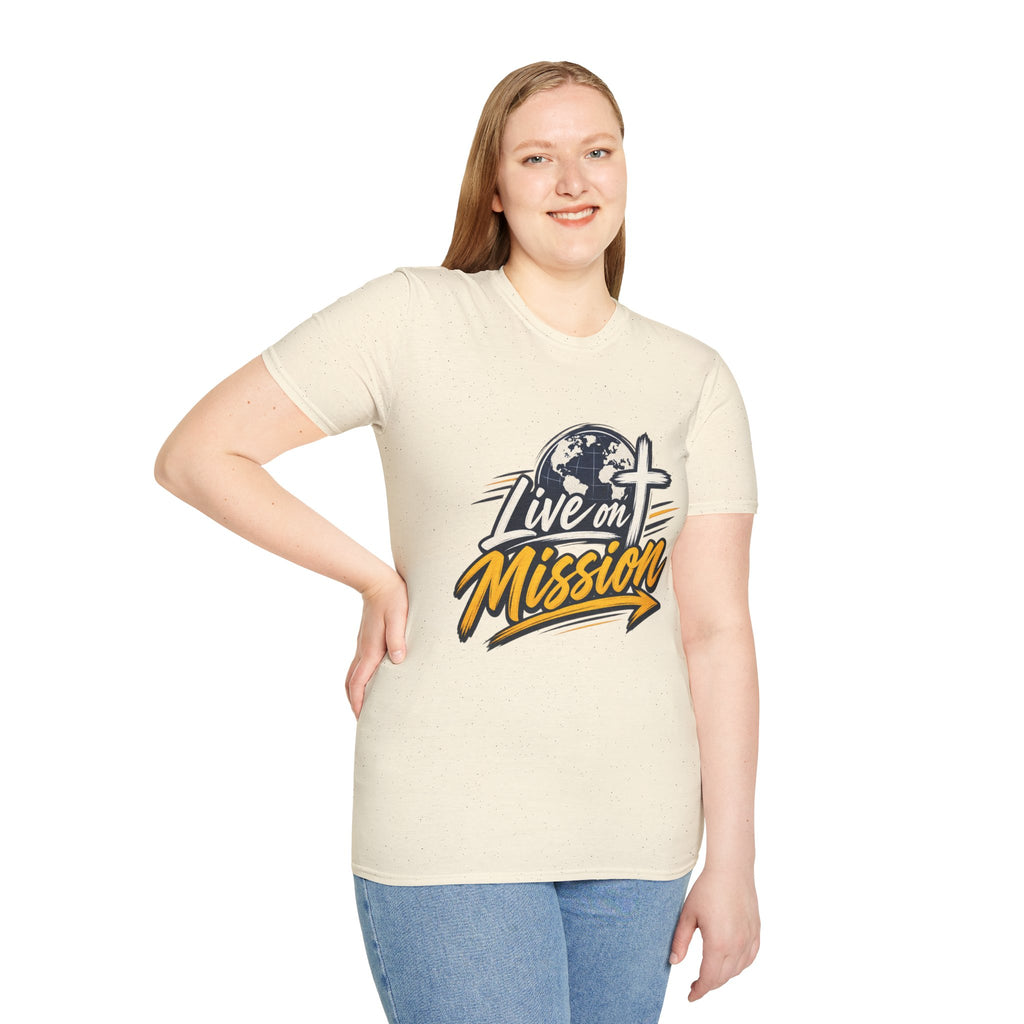 Live on Mission T-Shirt — Inspirational Christian Faith Tee with Globe & Cross Design