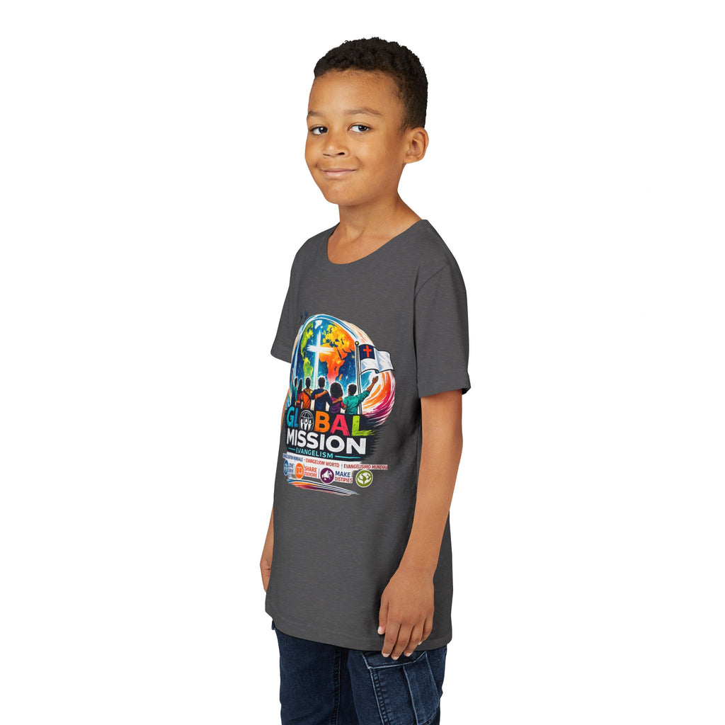 Youth Tee — Global Mission Kids Christian T‑Shirt with Cross & World Design