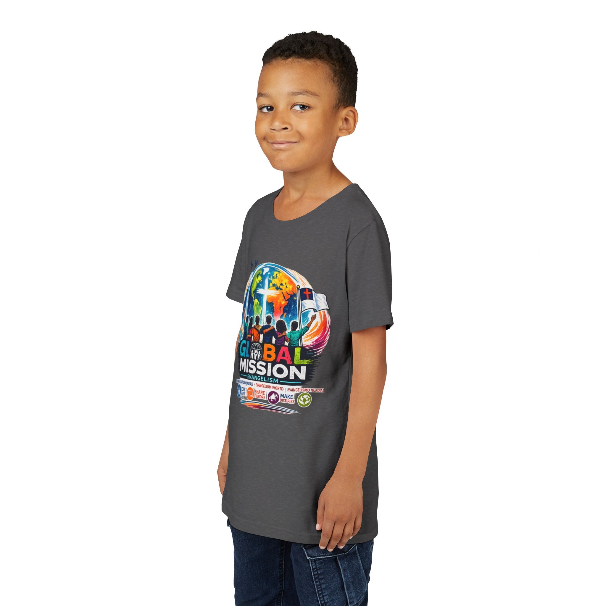Youth Tee — Global Mission Kids Christian T‑Shirt with Cross & World Design
