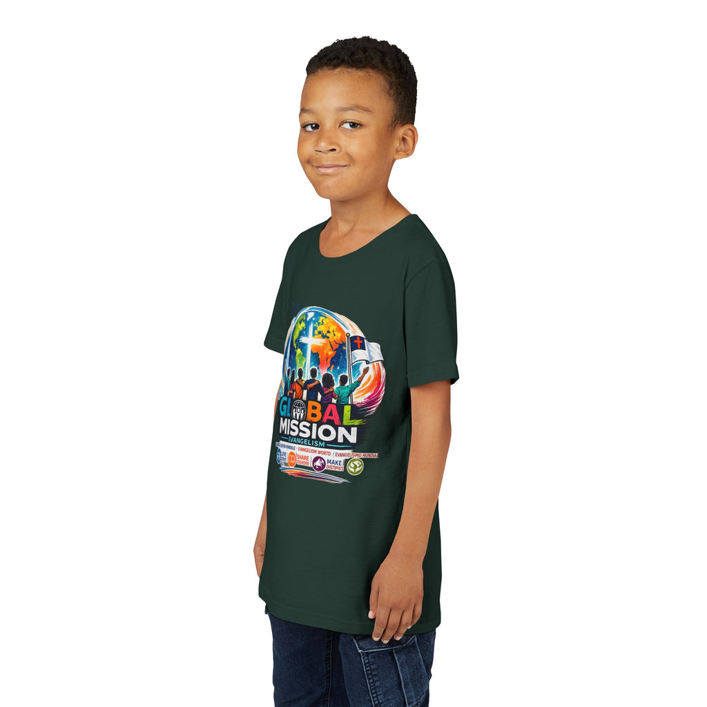 Youth Tee — Global Mission Kids Christian T‑Shirt with Cross & World Design
