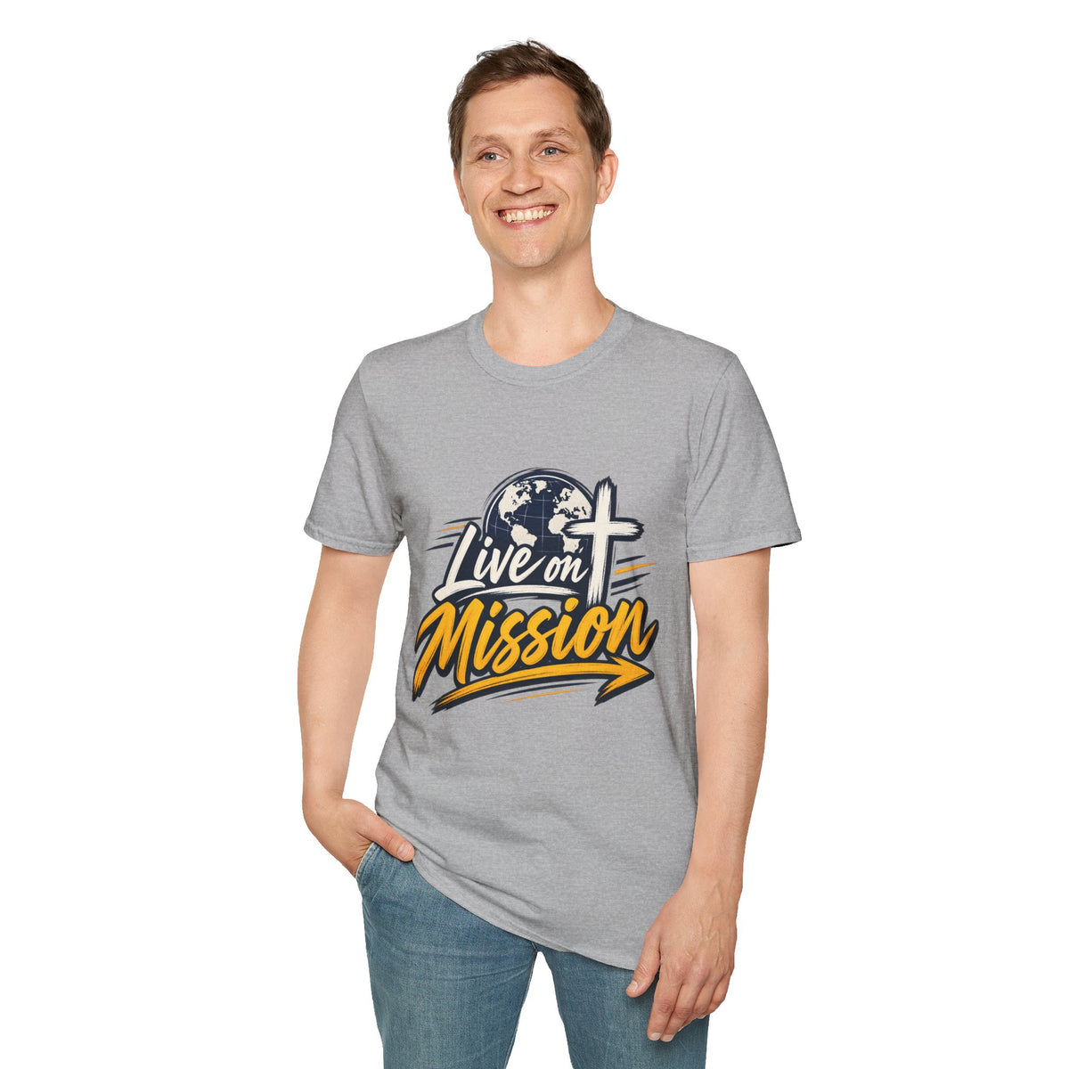 Live on Mission T-Shirt — Inspirational Christian Faith Tee with Globe & Cross Design