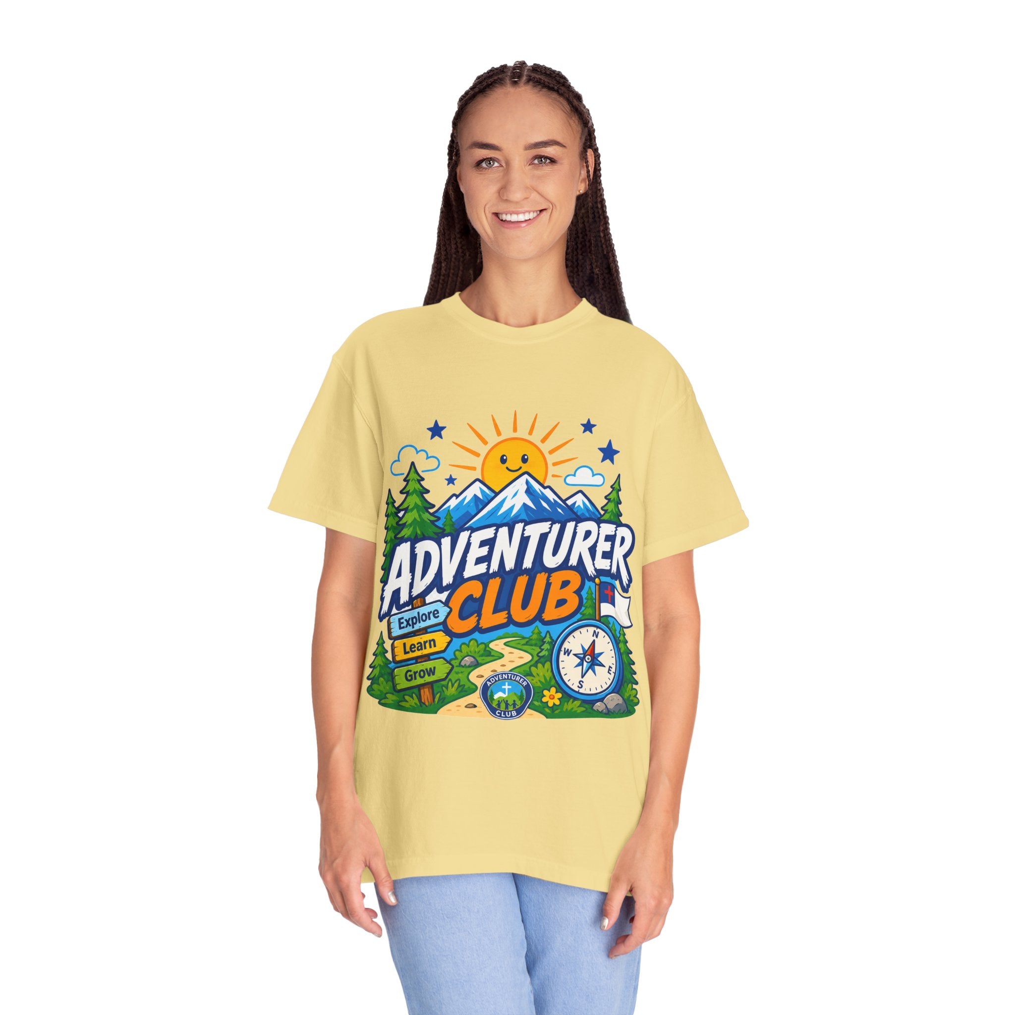 Adventurer Club Adult Unisex T-shirt | Camping Adventure Badge Graphic
