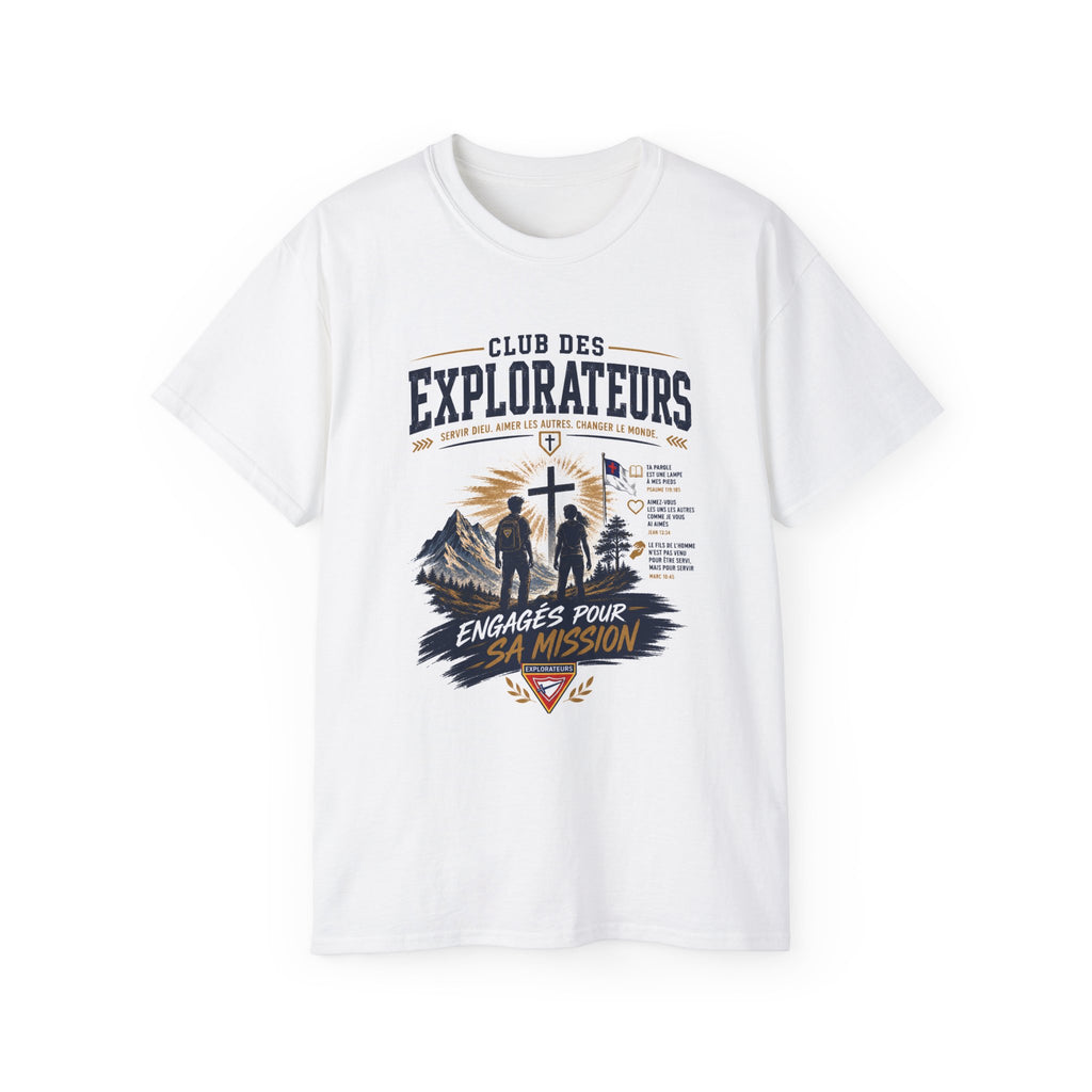 Explorateurs engagés dans leur mission T-shirt | Croix chrétienne silhouette, design d’insigne de foi