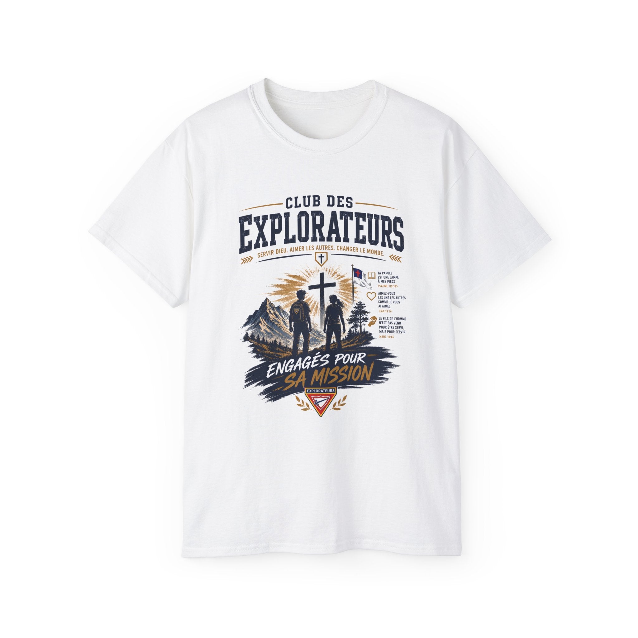 Explorateurs engagés dans leur mission T-shirt | Croix chrétienne silhouette, design d’insigne de foi