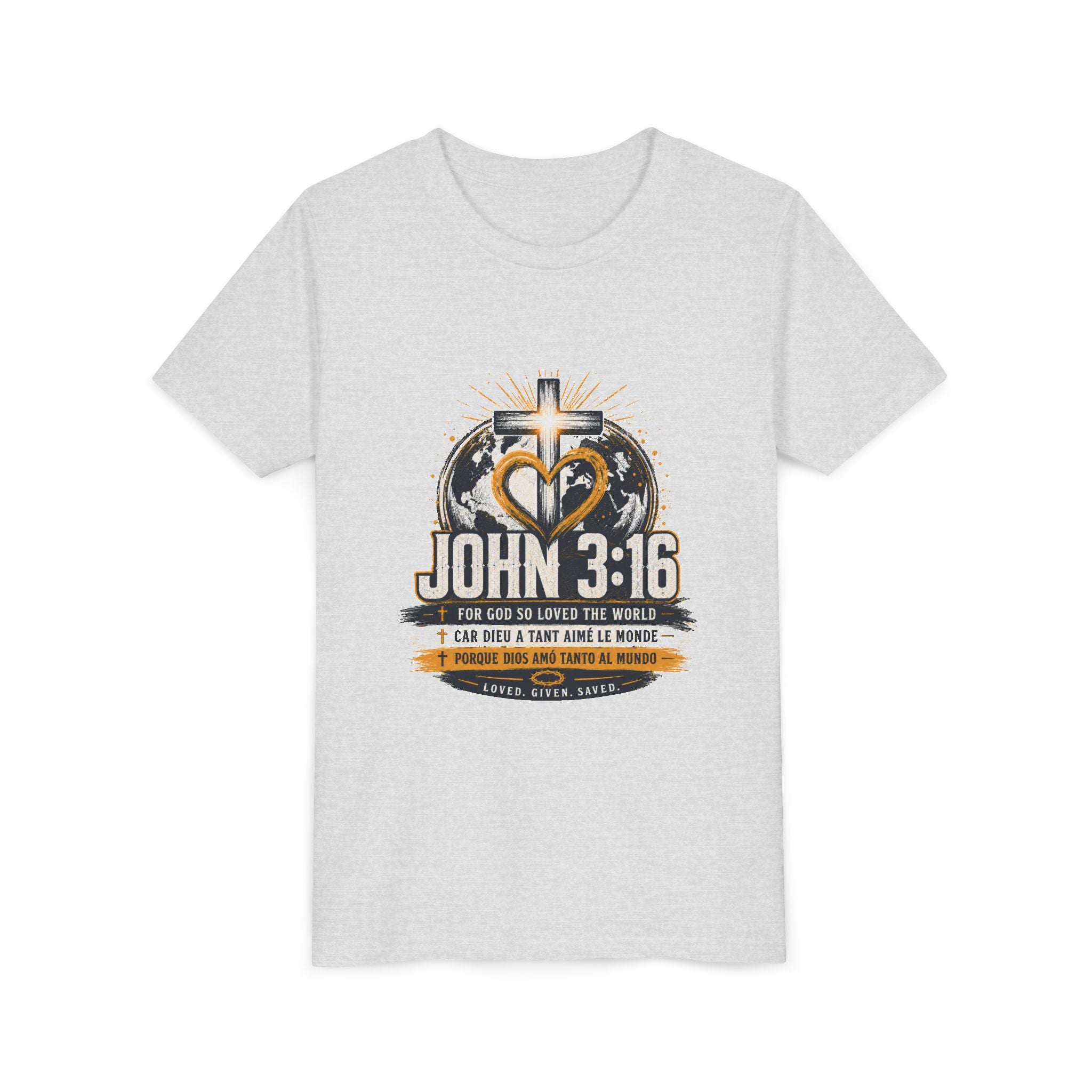 John 3:16 Youth Tee — Christian Inspirational Kids Shirt with Cross & Globe Design