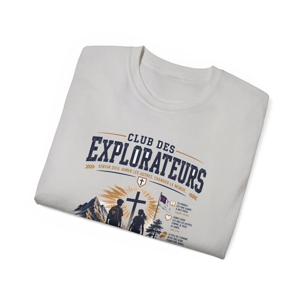Explorateurs engagés dans leur mission T-shirt | Croix chrétienne silhouette, design d’insigne de foi