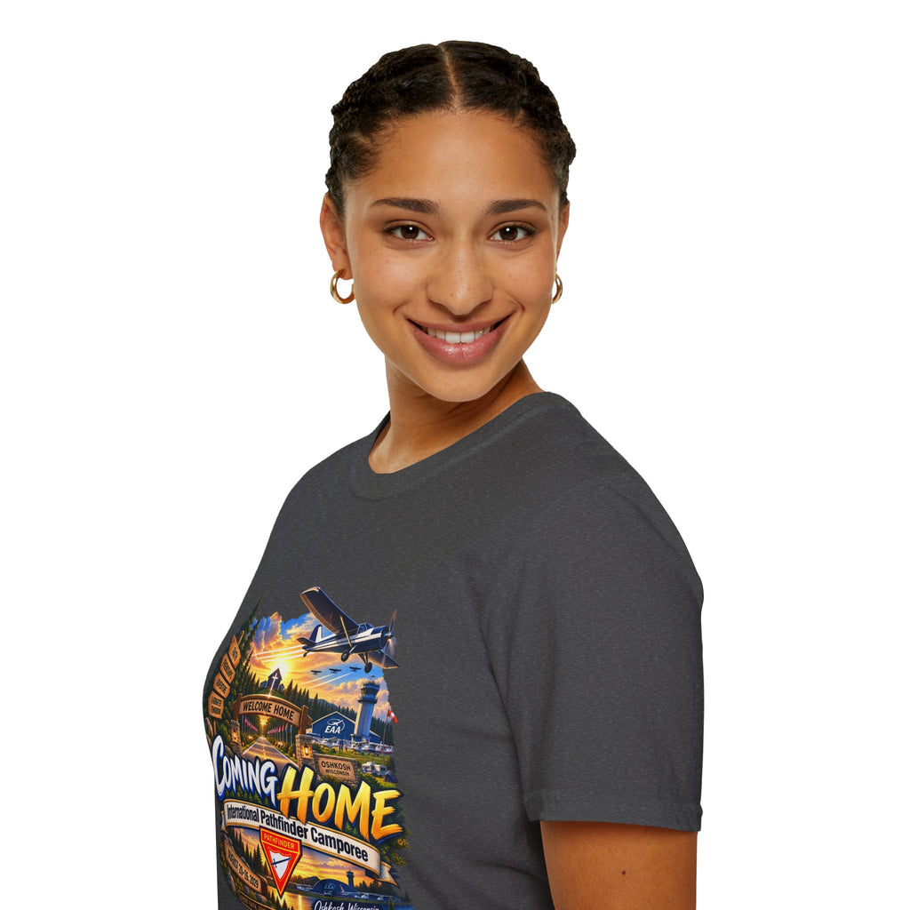 International Pathfinder Camporee 2029 (Stand Strong)- Coming Home T-Shirt — Vintage Airplane Sunset Travel Tee