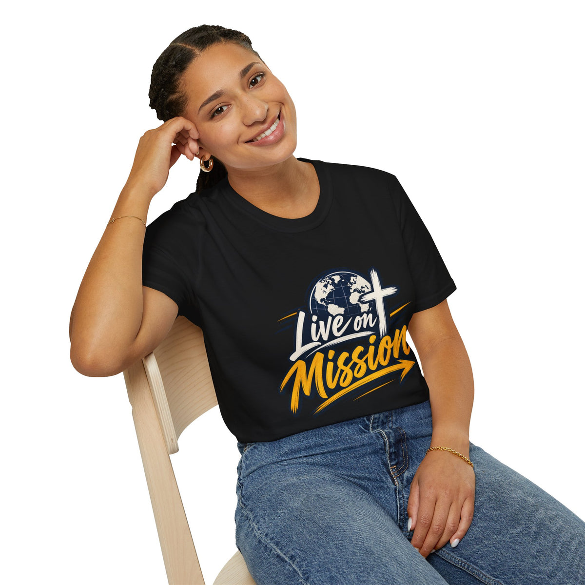 Live on Mission T-Shirt — Inspirational Christian Faith Tee with Globe & Cross Design