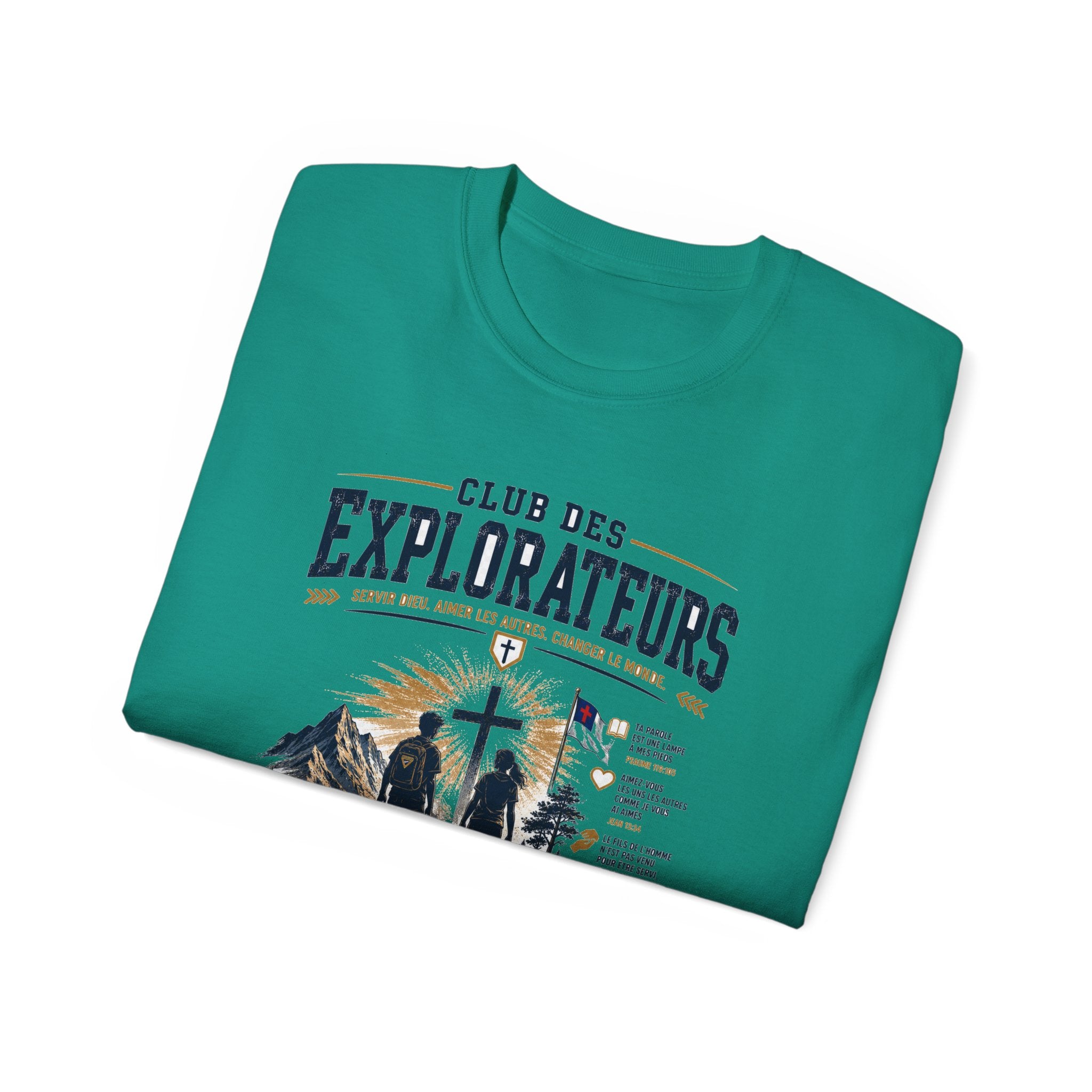 Explorateurs engagés dans leur mission T-shirt | Croix chrétienne silhouette, design d’insigne de foi