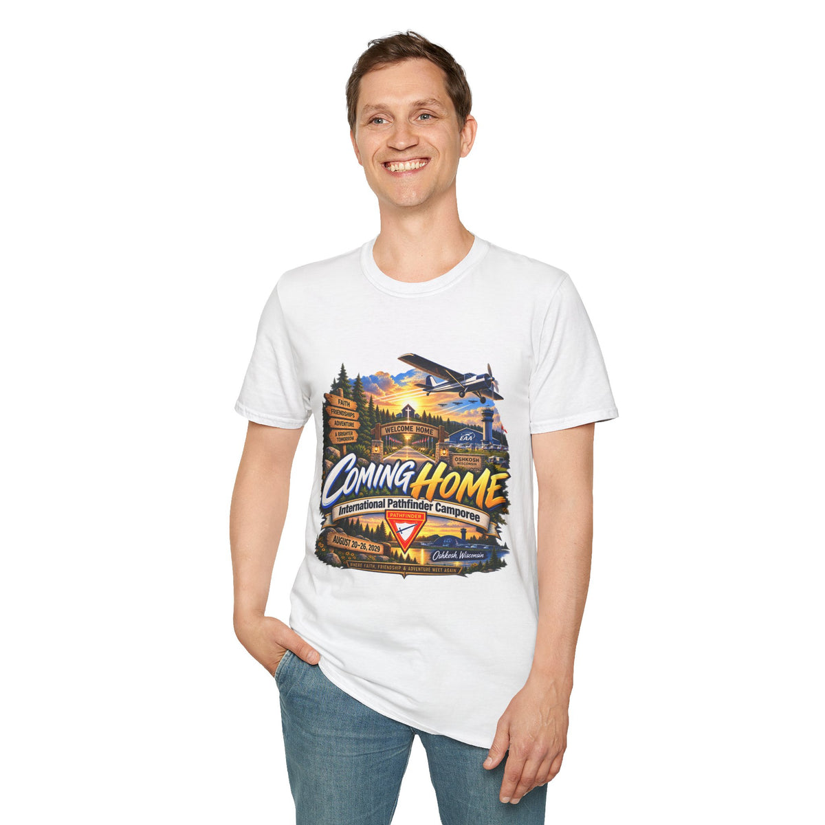International Pathfinder Camporee 2029 (Stand Strong)- Coming Home T-Shirt — Vintage Airplane Sunset Travel Tee