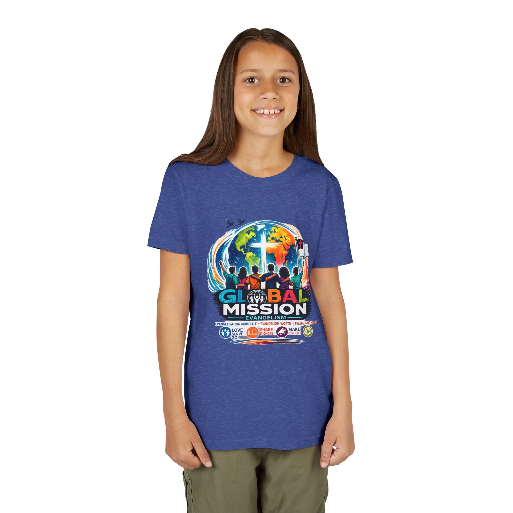 Youth Tee — Global Mission Kids Christian T‑Shirt with Cross & World Design