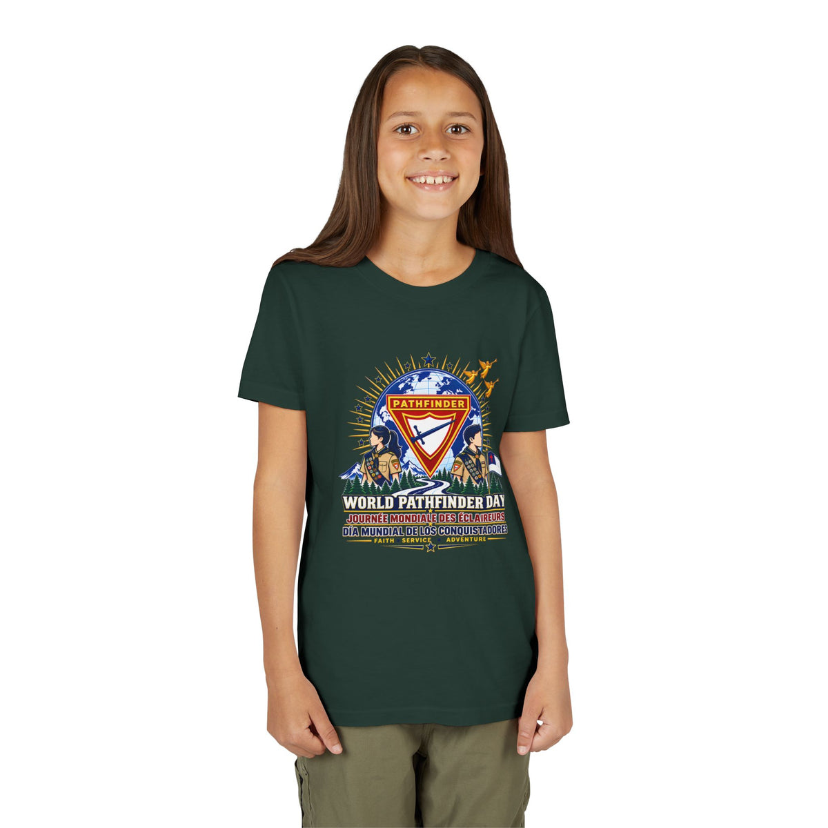 Youth Tee — World Pathfinder Day Badge Graphic (Trilingual)