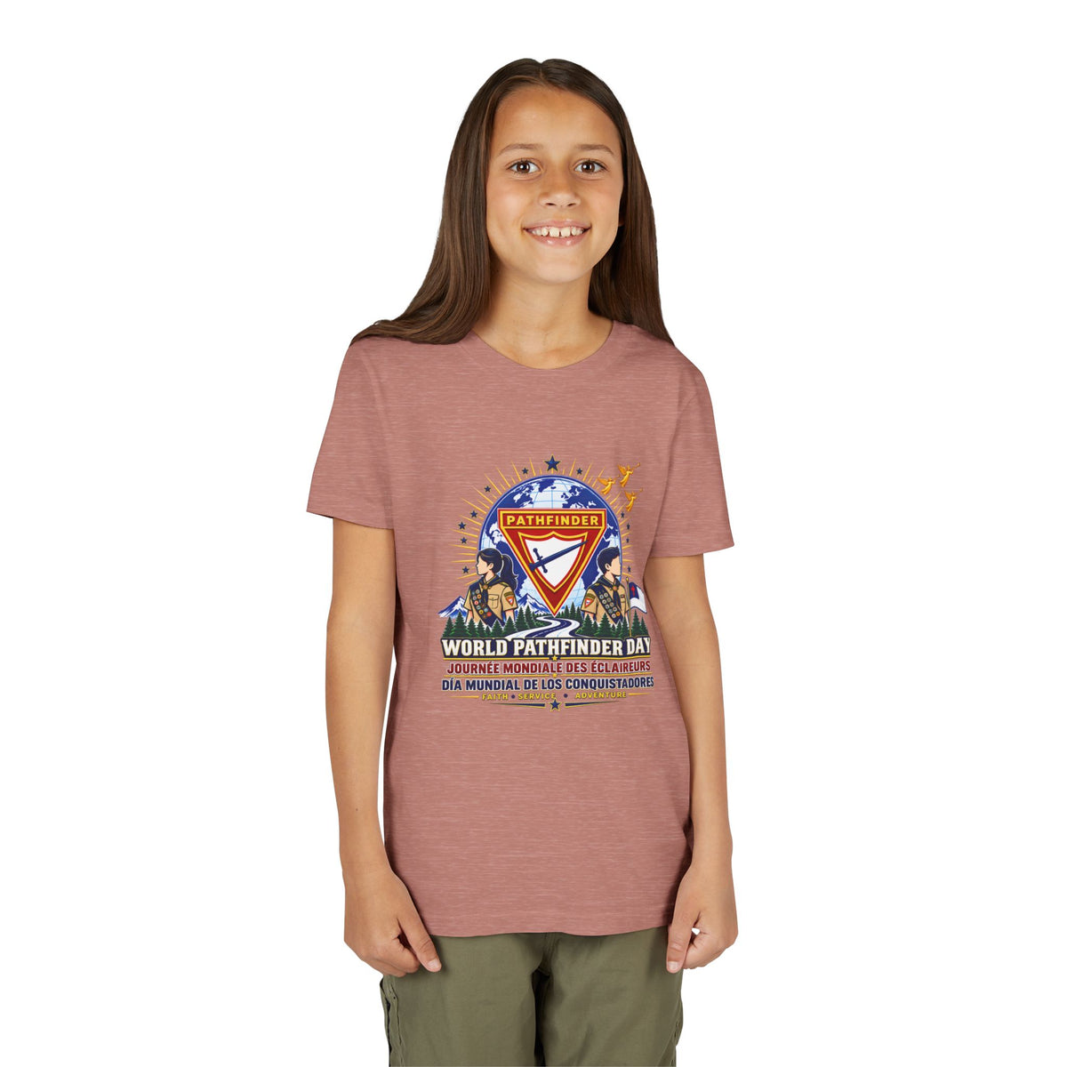 Youth Tee — World Pathfinder Day Badge Graphic (Trilingual)
