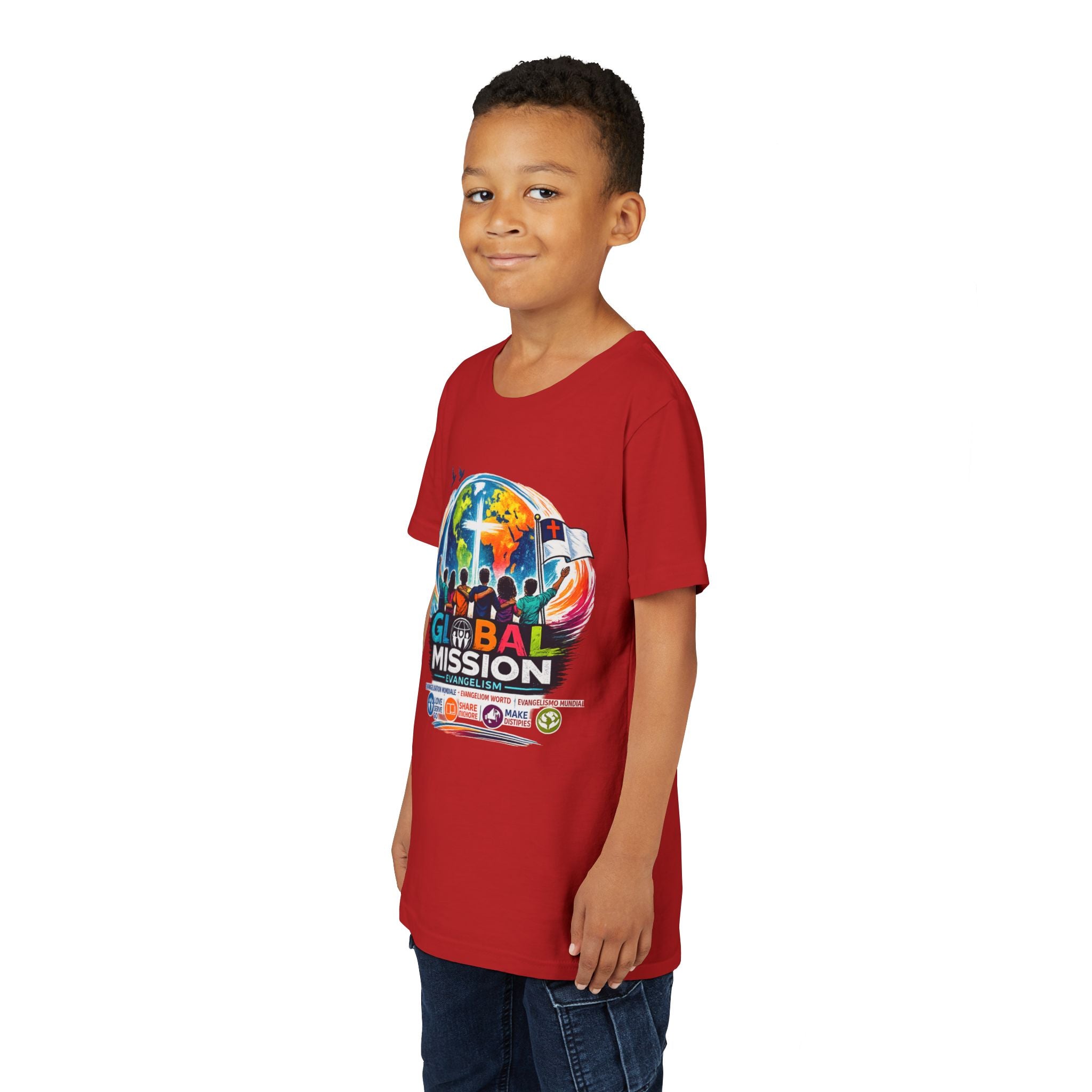 Youth Tee — Global Mission Kids Christian T‑Shirt with Cross & World Design