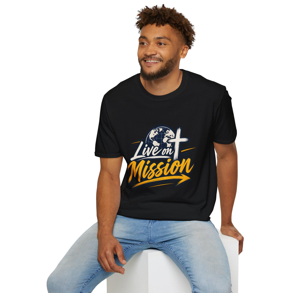 Live on Mission T-Shirt — Inspirational Christian Faith Tee with Globe & Cross Design