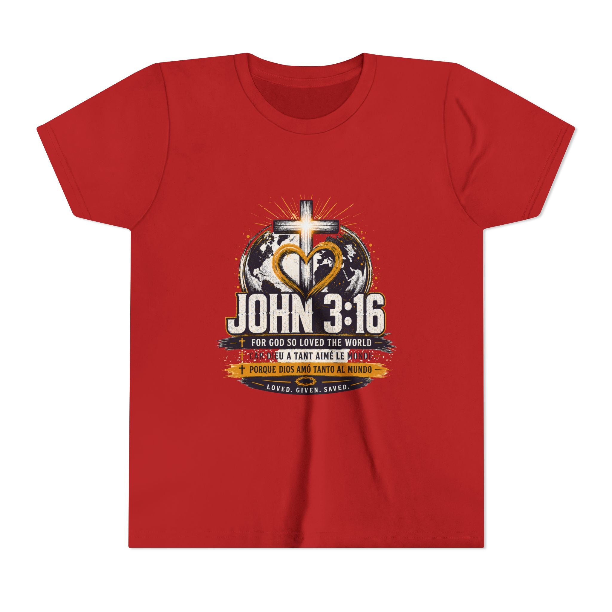 John 3:16 Youth Tee — Christian Inspirational Kids Shirt with Cross & Globe Design