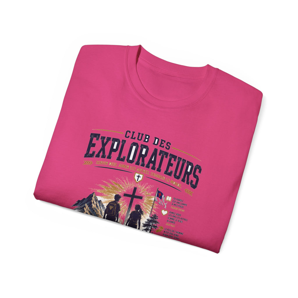 Explorateurs engagés dans leur mission T-shirt | Croix chrétienne silhouette, design d’insigne de foi