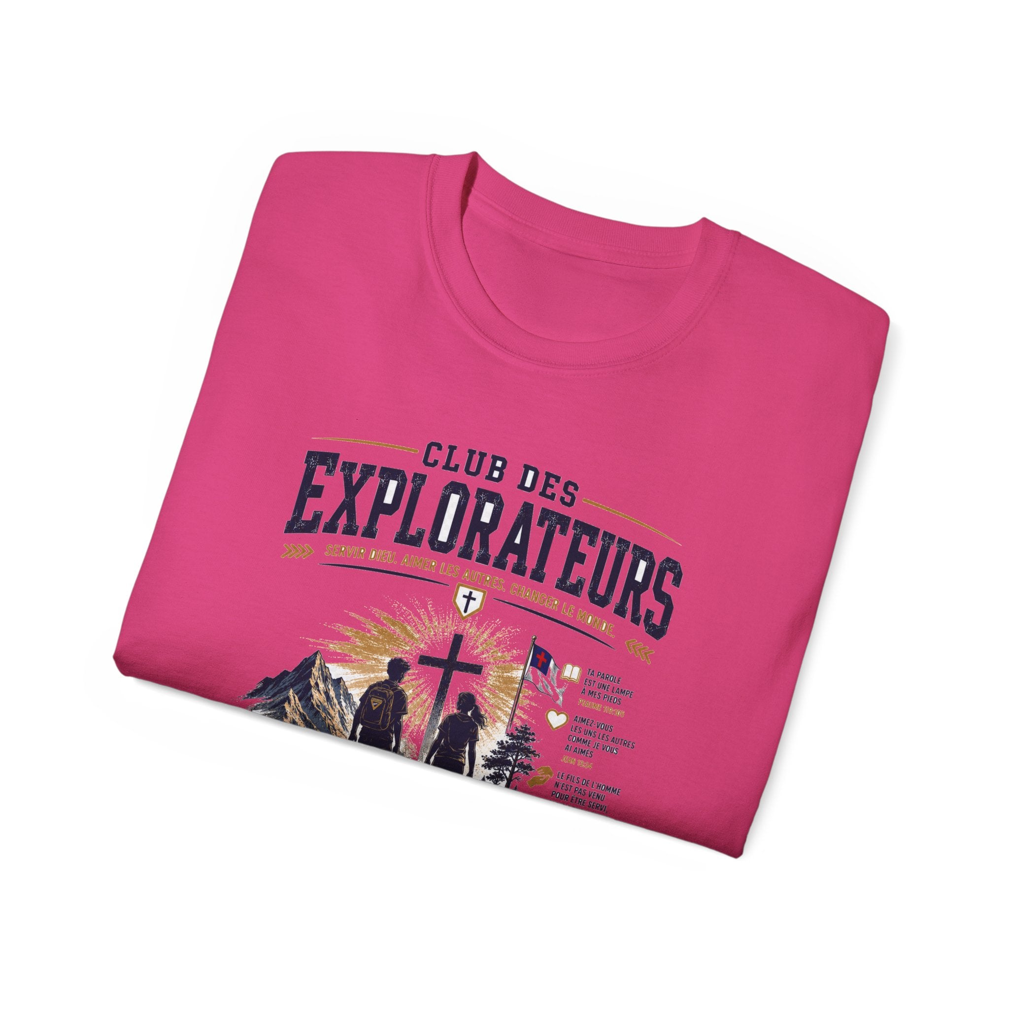 Explorateurs engagés dans leur mission T-shirt | Croix chrétienne silhouette, design d’insigne de foi