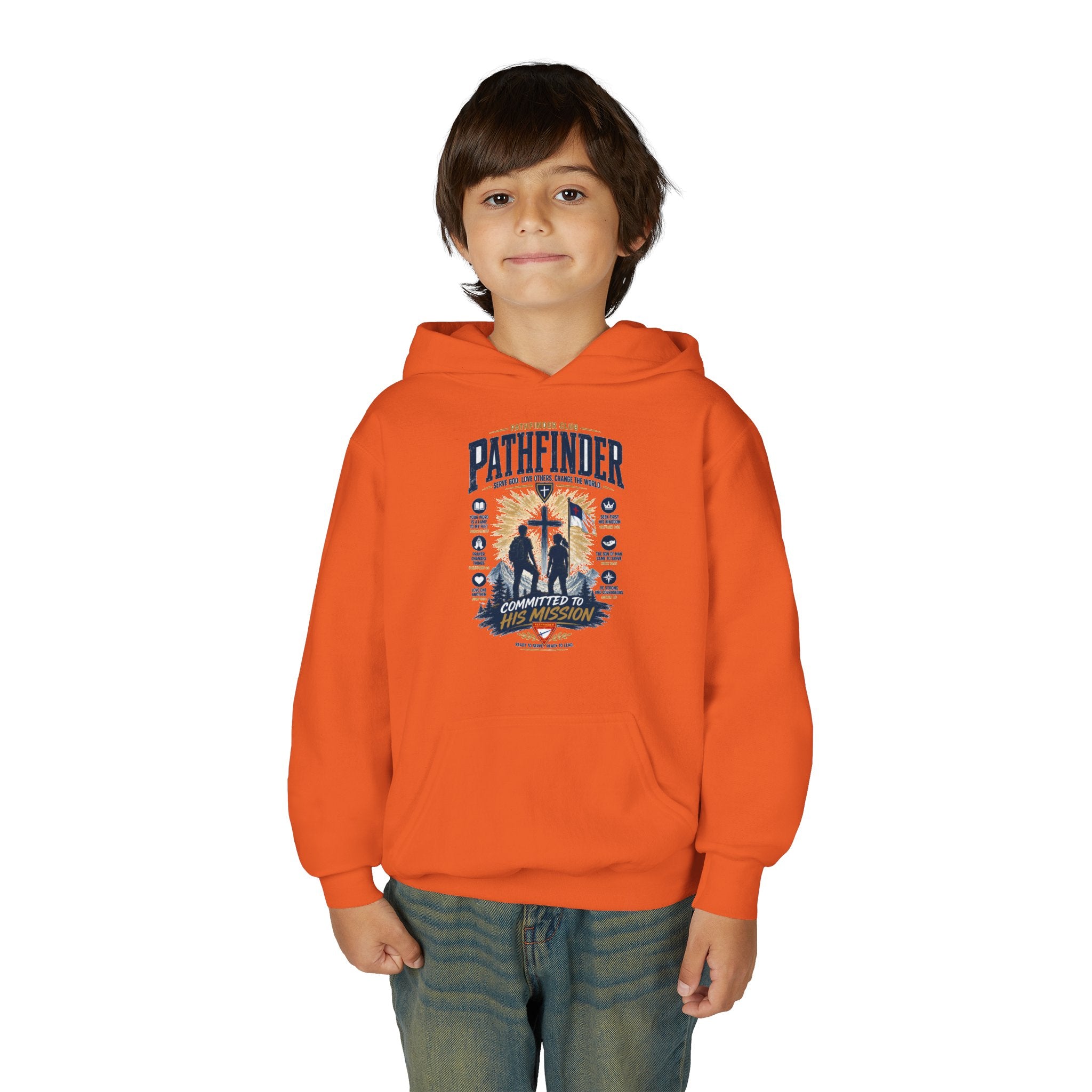 Pathfinder Cross Silhouette youth hoodie | Christian scout adventure design