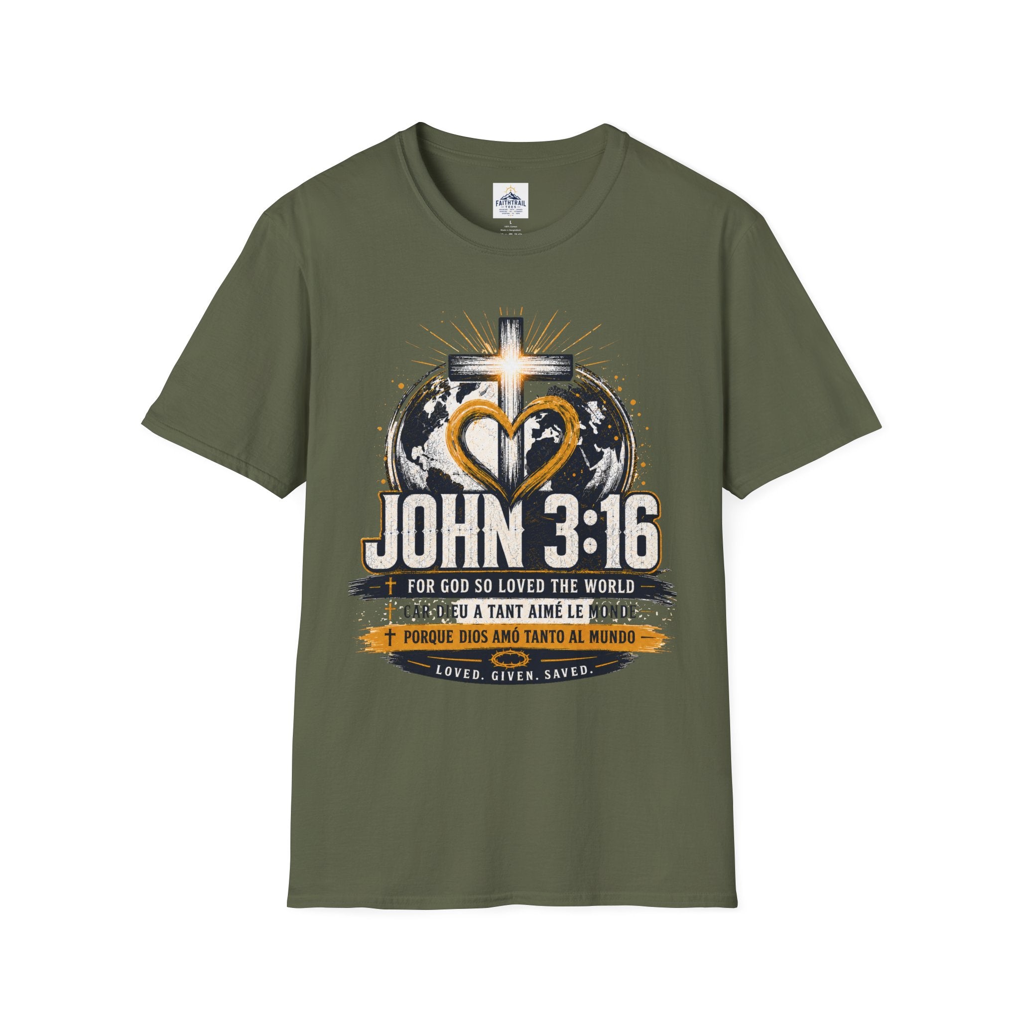 John 3:16 Christian Adult Unisex T-Shirt — Cross & Heart World Faith Tee