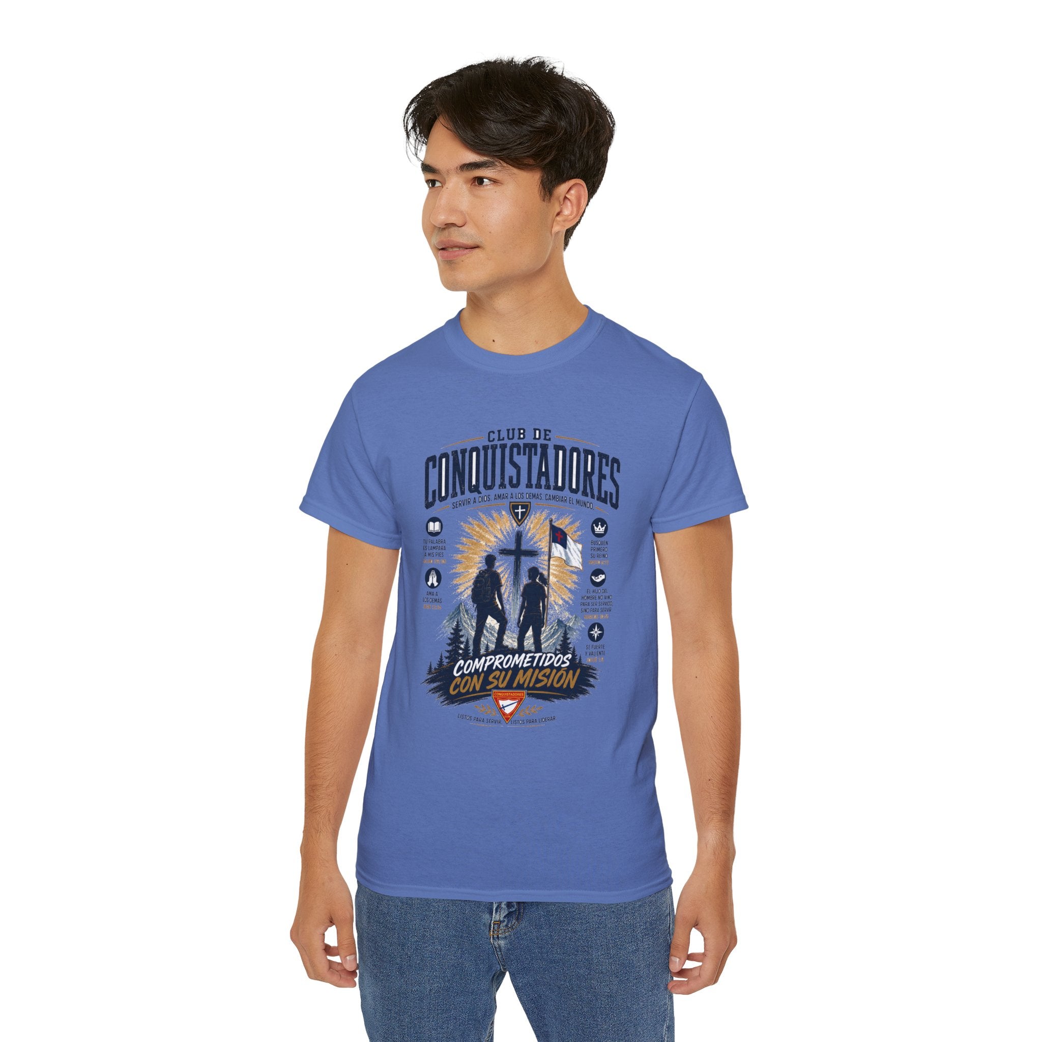 Conquistadores comprometido con su misión T-Shirt | Silueta de cruz cristiana, diseño de insignia de fe