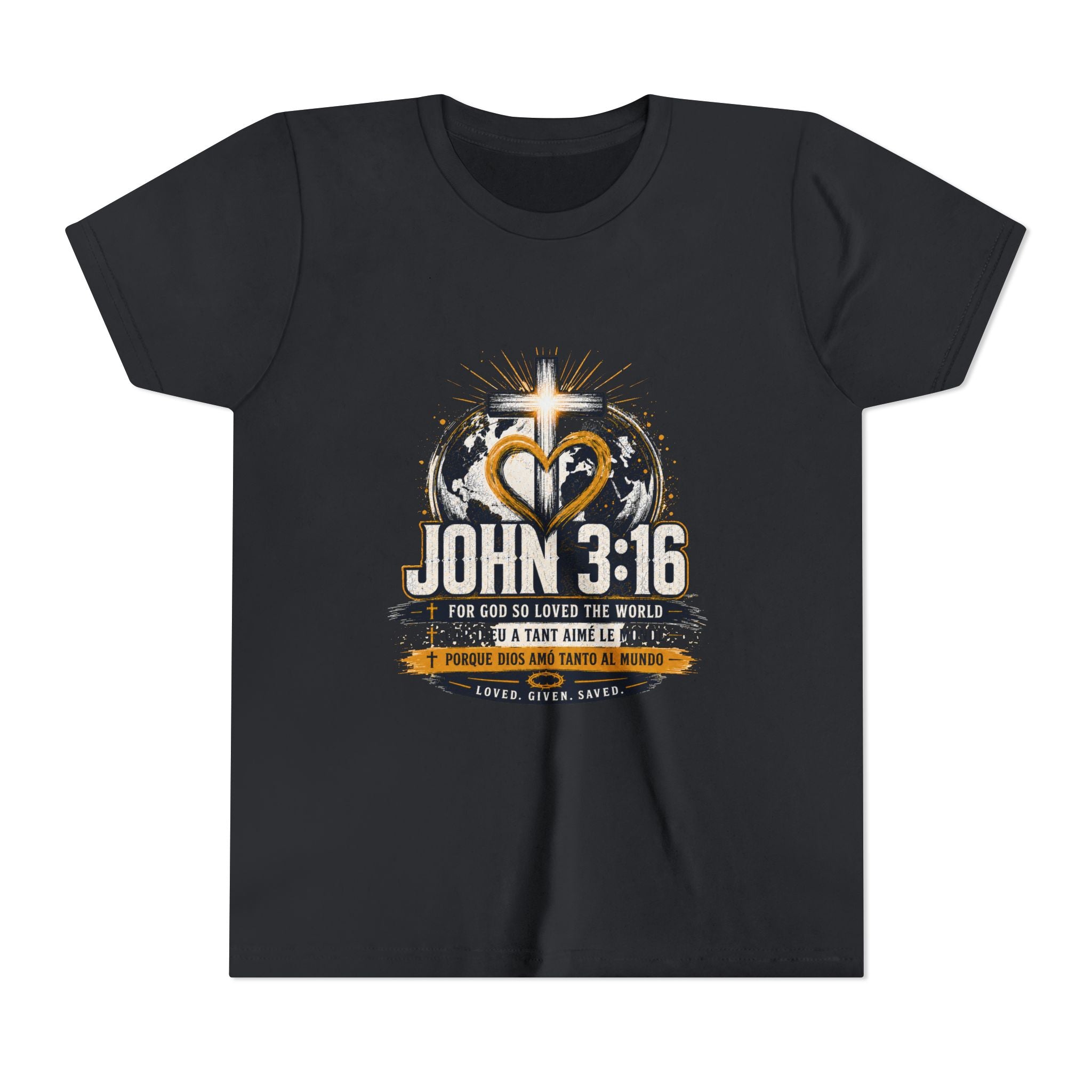 John 3:16 Youth Tee — Christian Inspirational Kids Shirt with Cross & Globe Design