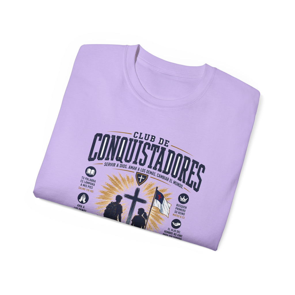 Conquistadores comprometido con su misión T-Shirt | Silueta de cruz cristiana, diseño de insignia de fe
