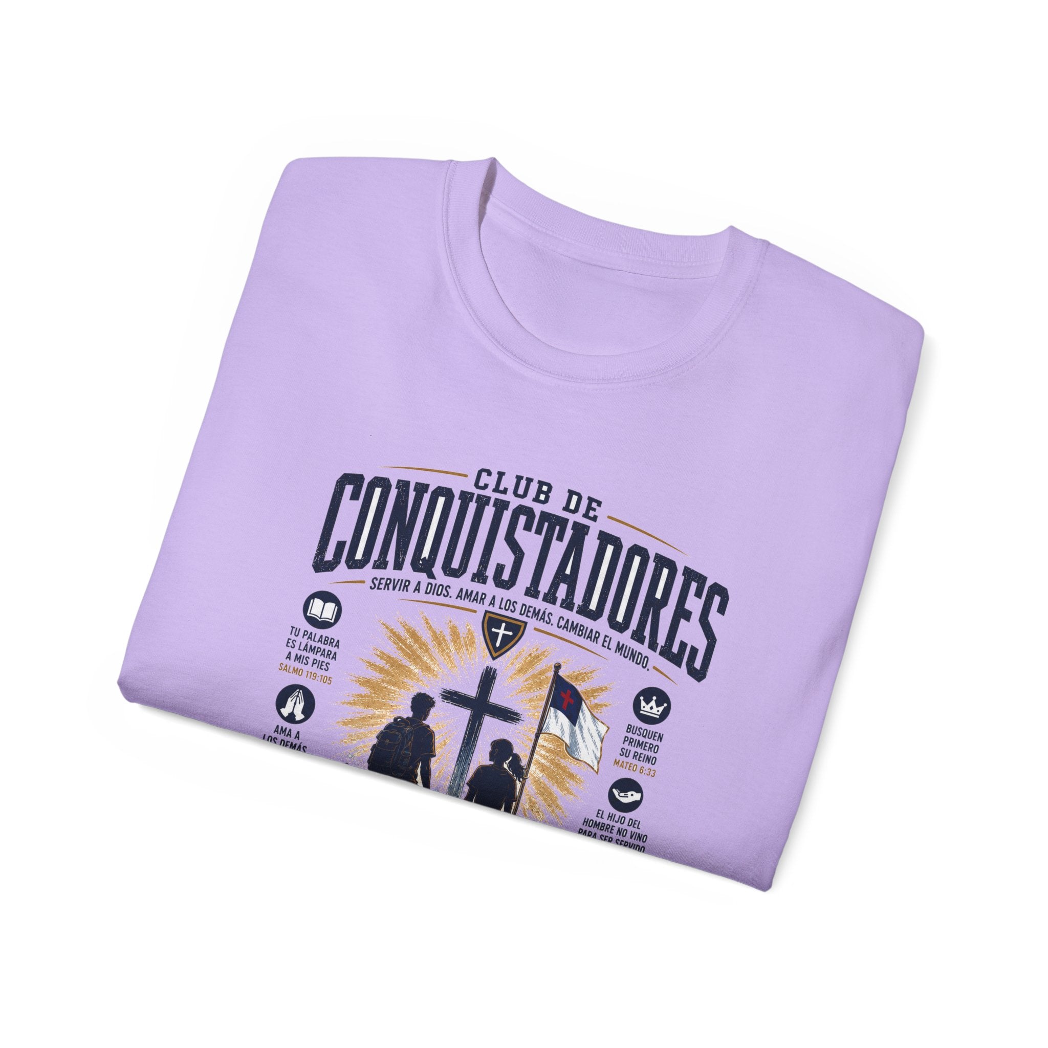 Conquistadores comprometido con su misión T-Shirt | Silueta de cruz cristiana, diseño de insignia de fe