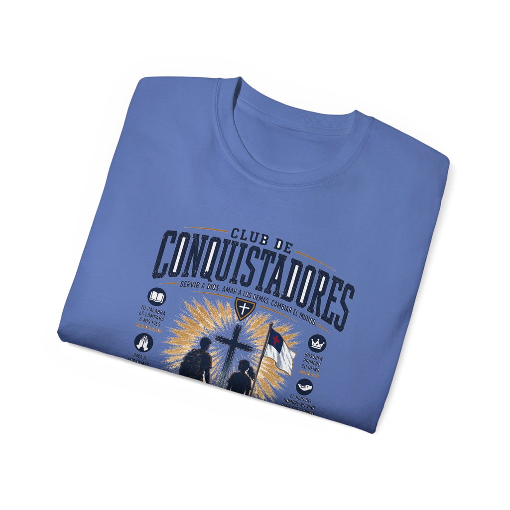 Conquistadores comprometido con su misión T-Shirt | Silueta de cruz cristiana, diseño de insignia de fe