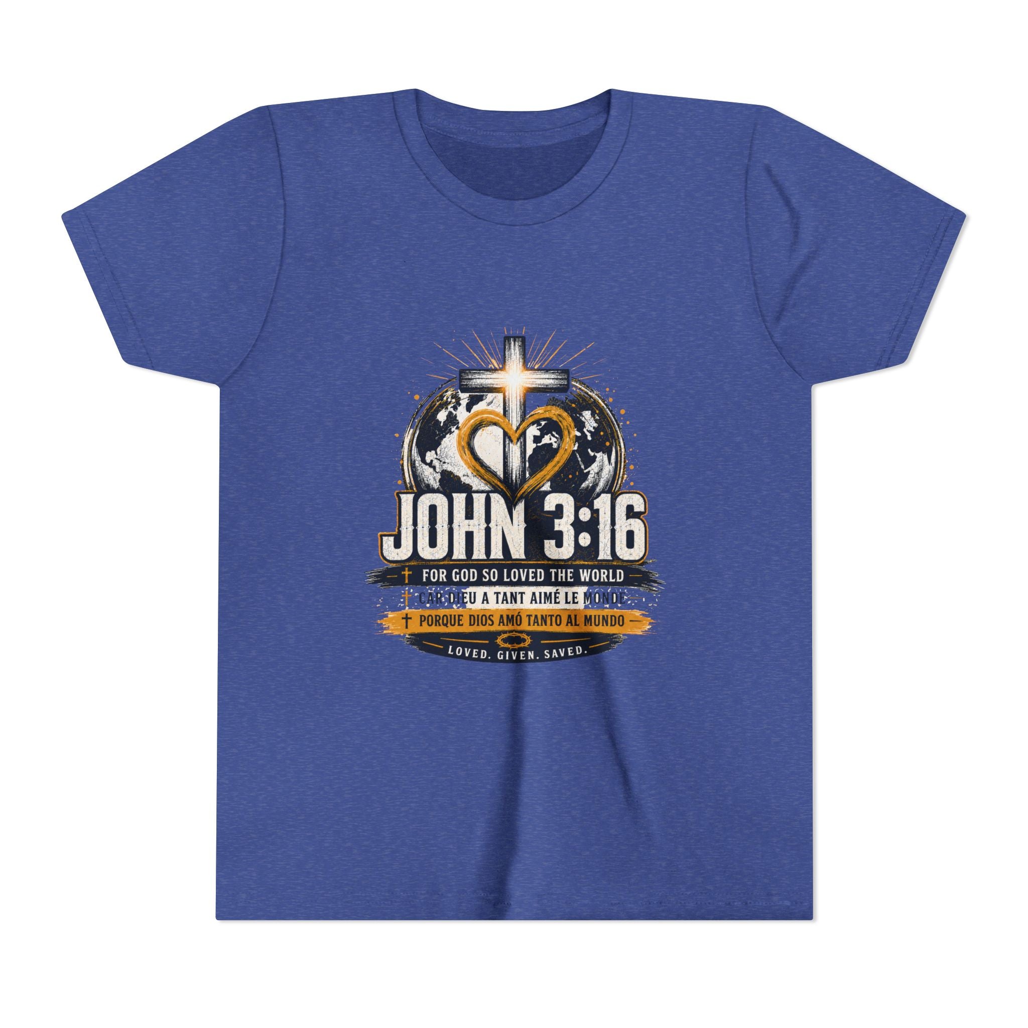 John 3:16 Youth Tee — Christian Inspirational Kids Shirt with Cross & Globe Design