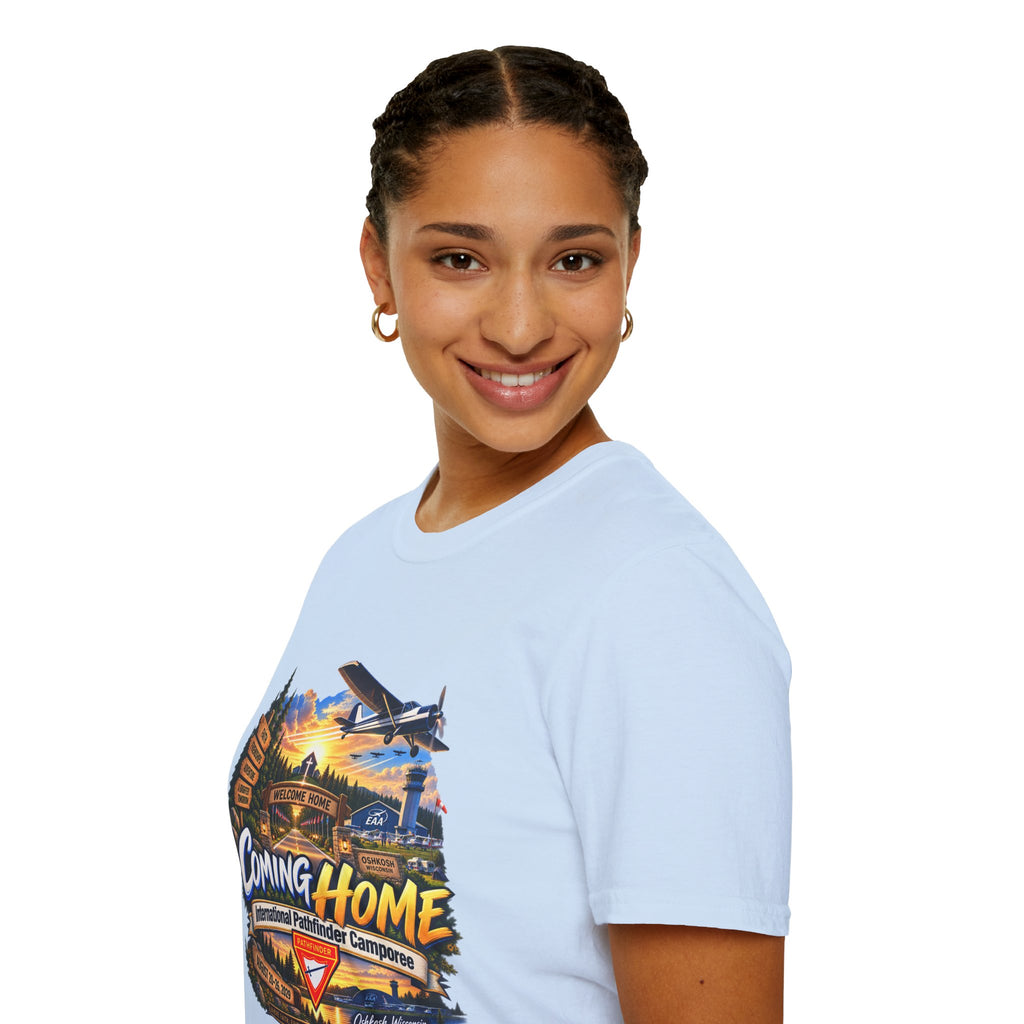 International Pathfinder Camporee 2029 (Stand Strong)- Coming Home T-Shirt — Vintage Airplane Sunset Travel Tee