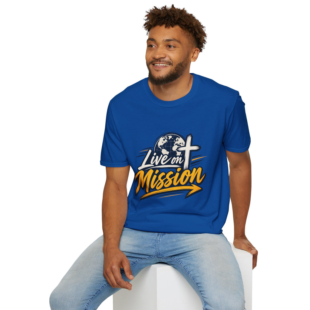 Live on Mission T-Shirt — Inspirational Christian Faith Tee with Globe & Cross Design