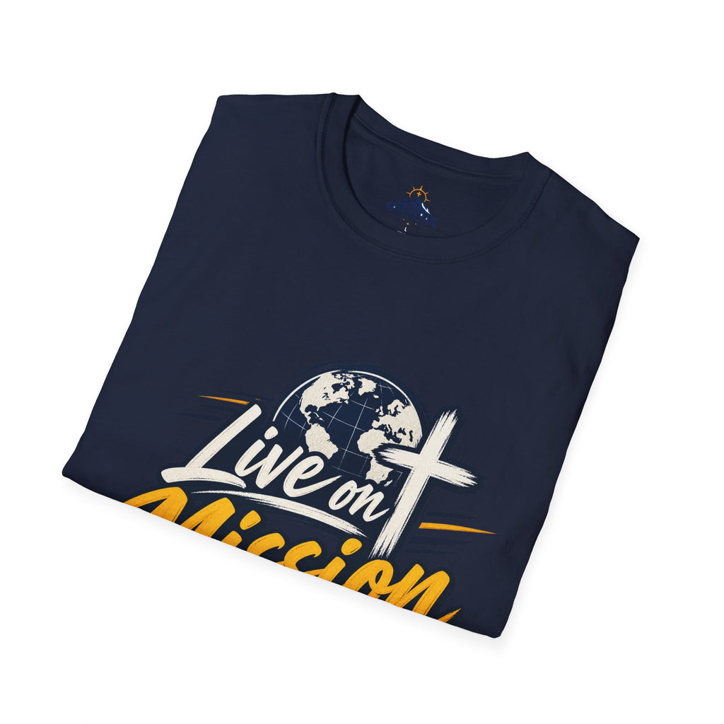 Live on Mission T-Shirt — Inspirational Christian Faith Tee with Globe & Cross Design