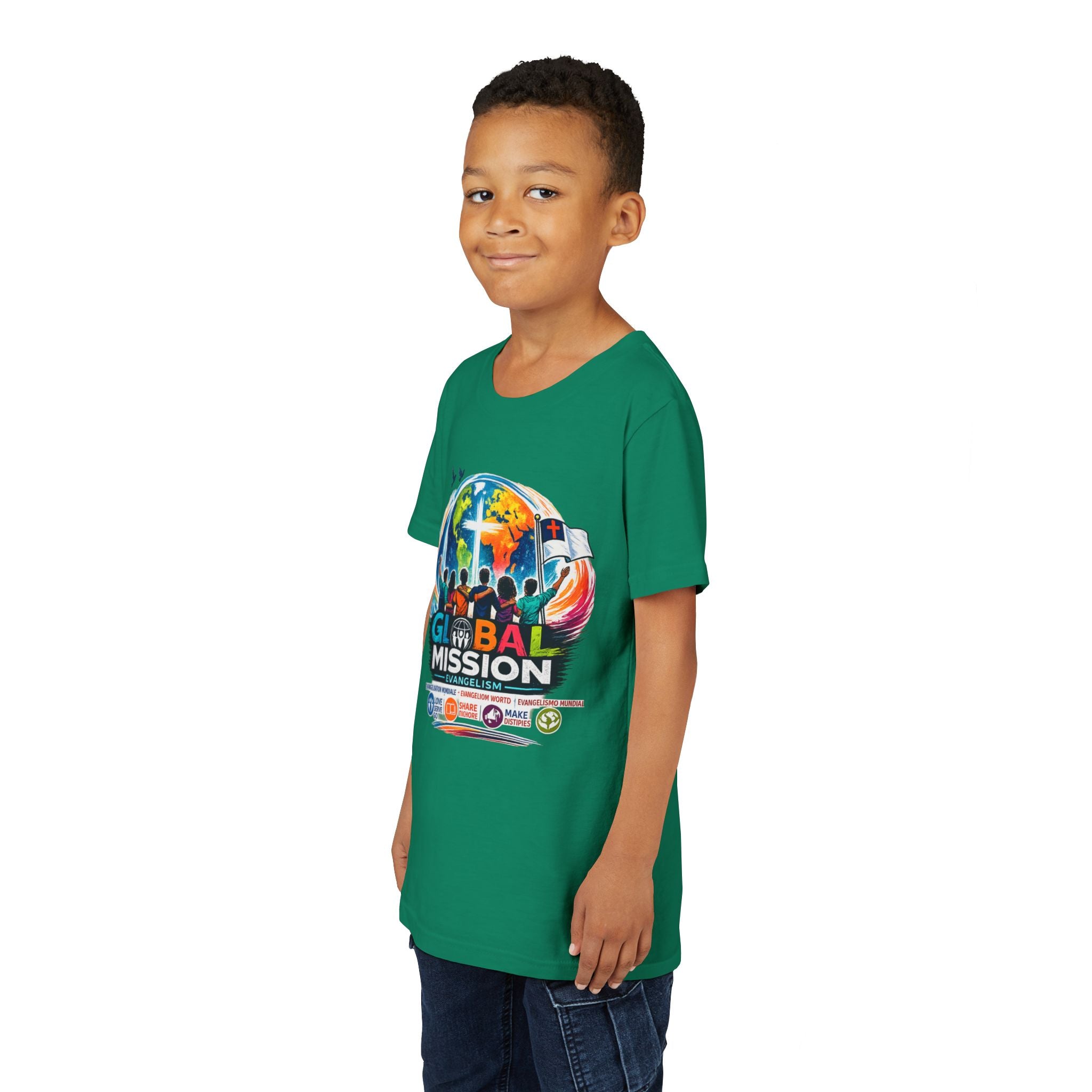 Youth Tee — Global Mission Kids Christian T‑Shirt with Cross & World Design
