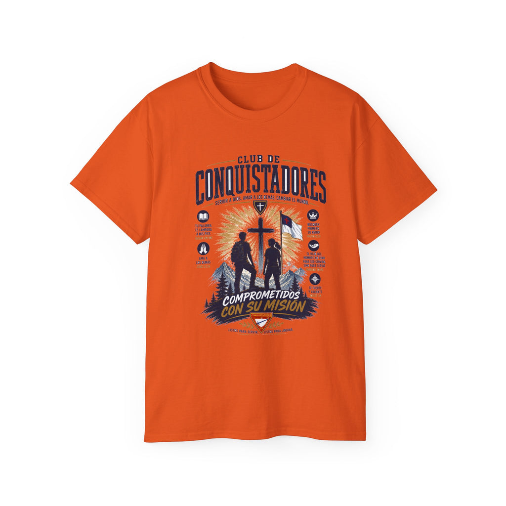 Conquistadores comprometido con su misión T-Shirt | Silueta de cruz cristiana, diseño de insignia de fe