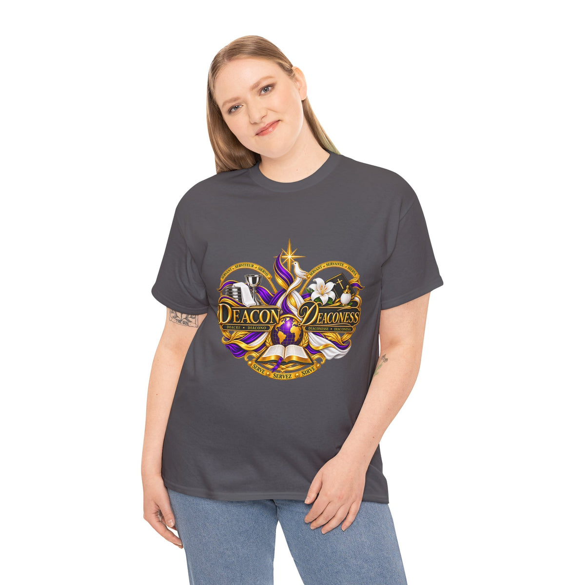 Deacon & Deaconess Heart Logo T-Shirt — Church Ministry Tee (Purple & Gold)