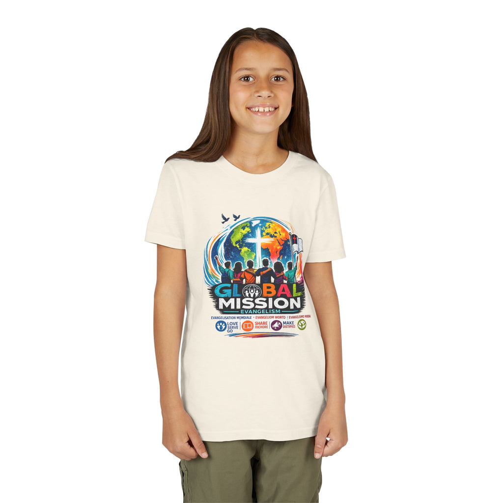 Youth Tee — Global Mission Kids Christian T‑Shirt with Cross & World Design