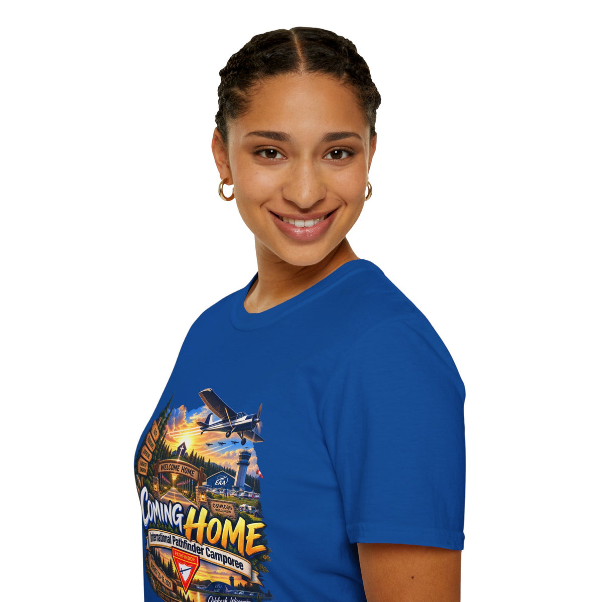 International Pathfinder Camporee 2029 (Stand Strong)- Coming Home T-Shirt — Vintage Airplane Sunset Travel Tee