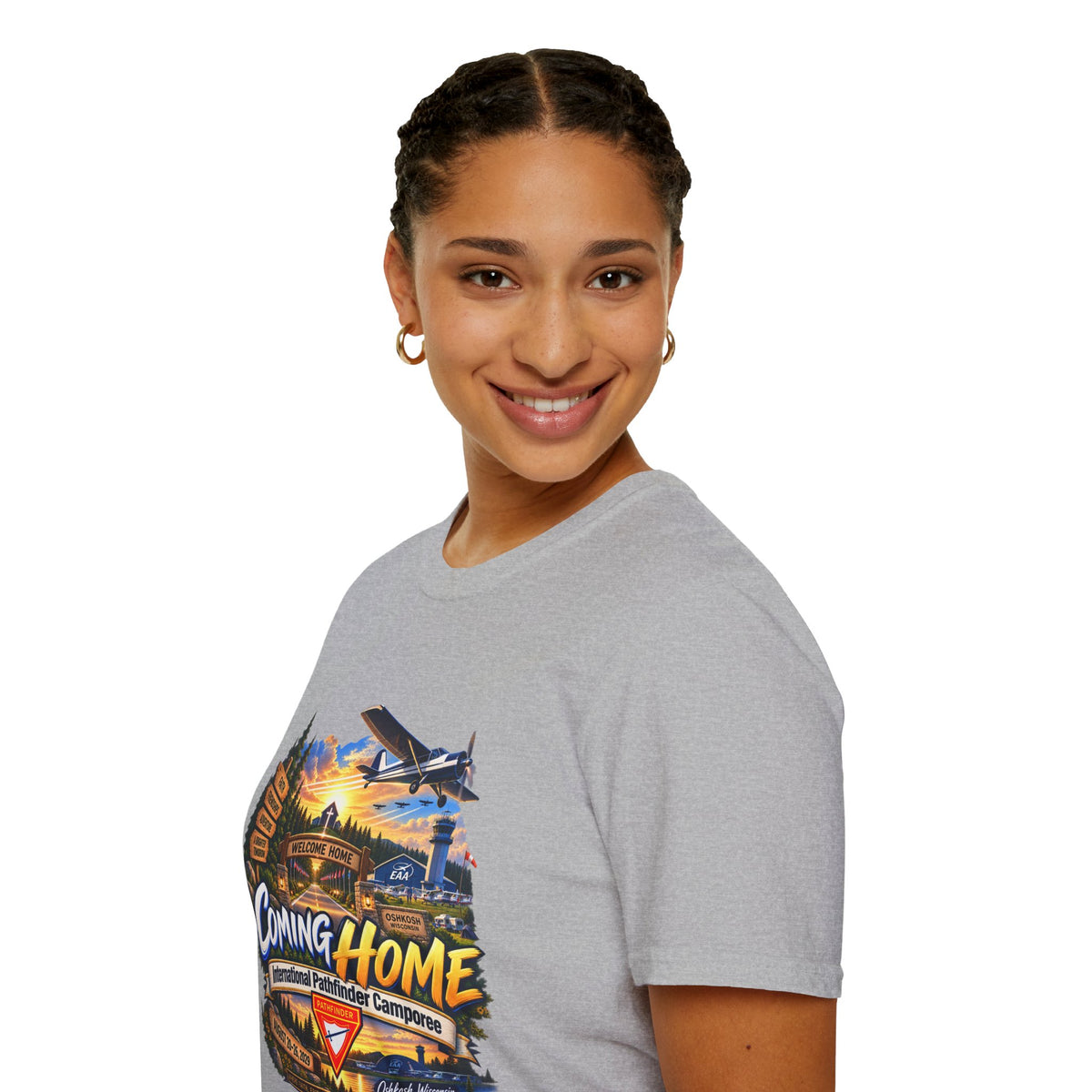 International Pathfinder Camporee 2029 (Stand Strong)- Coming Home T-Shirt — Vintage Airplane Sunset Travel Tee