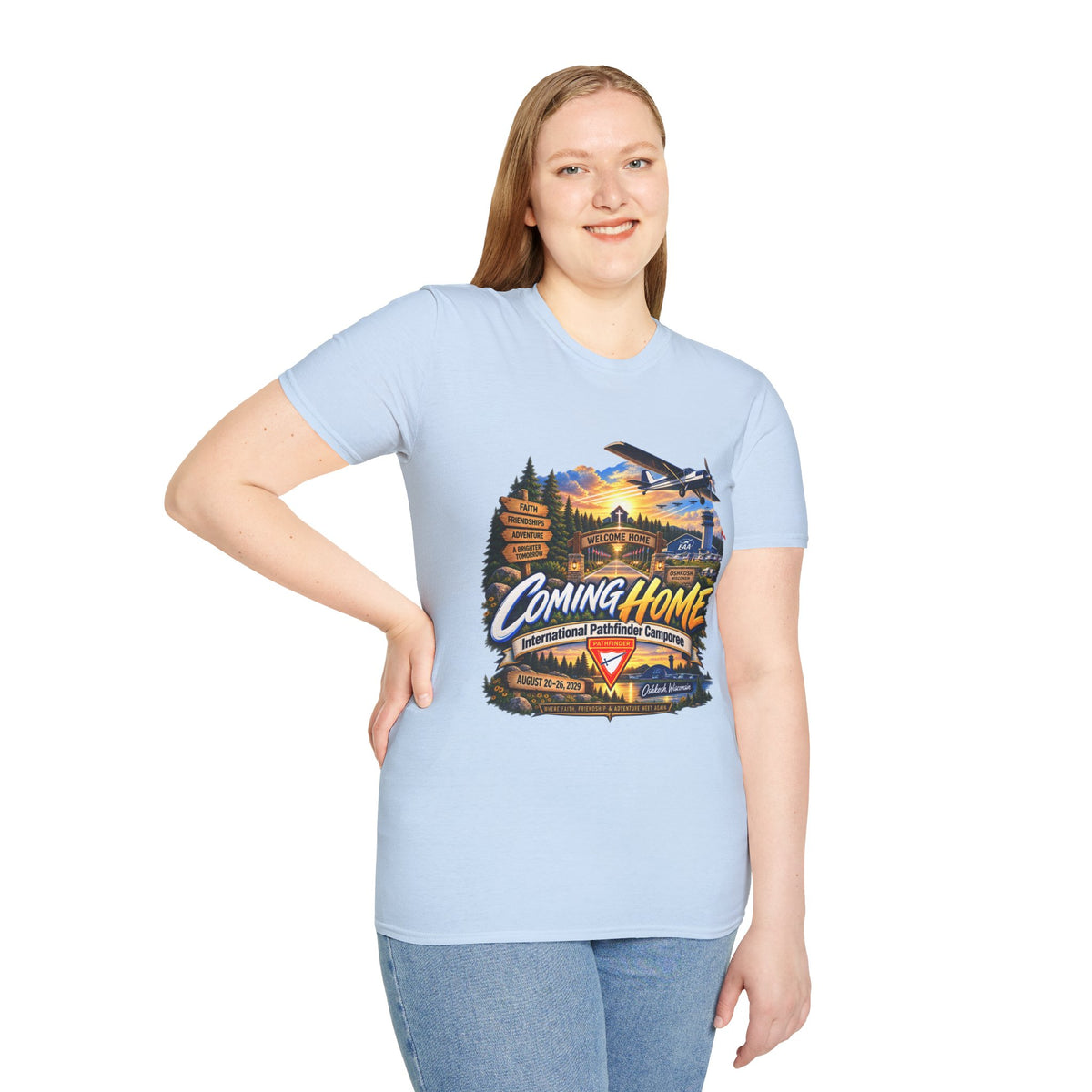 International Pathfinder Camporee 2029 (Stand Strong)- Coming Home T-Shirt — Vintage Airplane Sunset Travel Tee