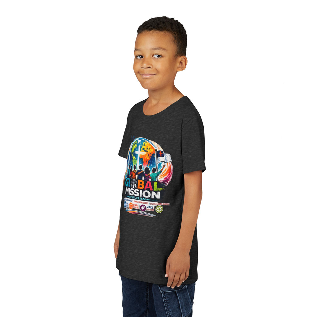 Youth Tee — Global Mission Kids Christian T‑Shirt with Cross & World Design